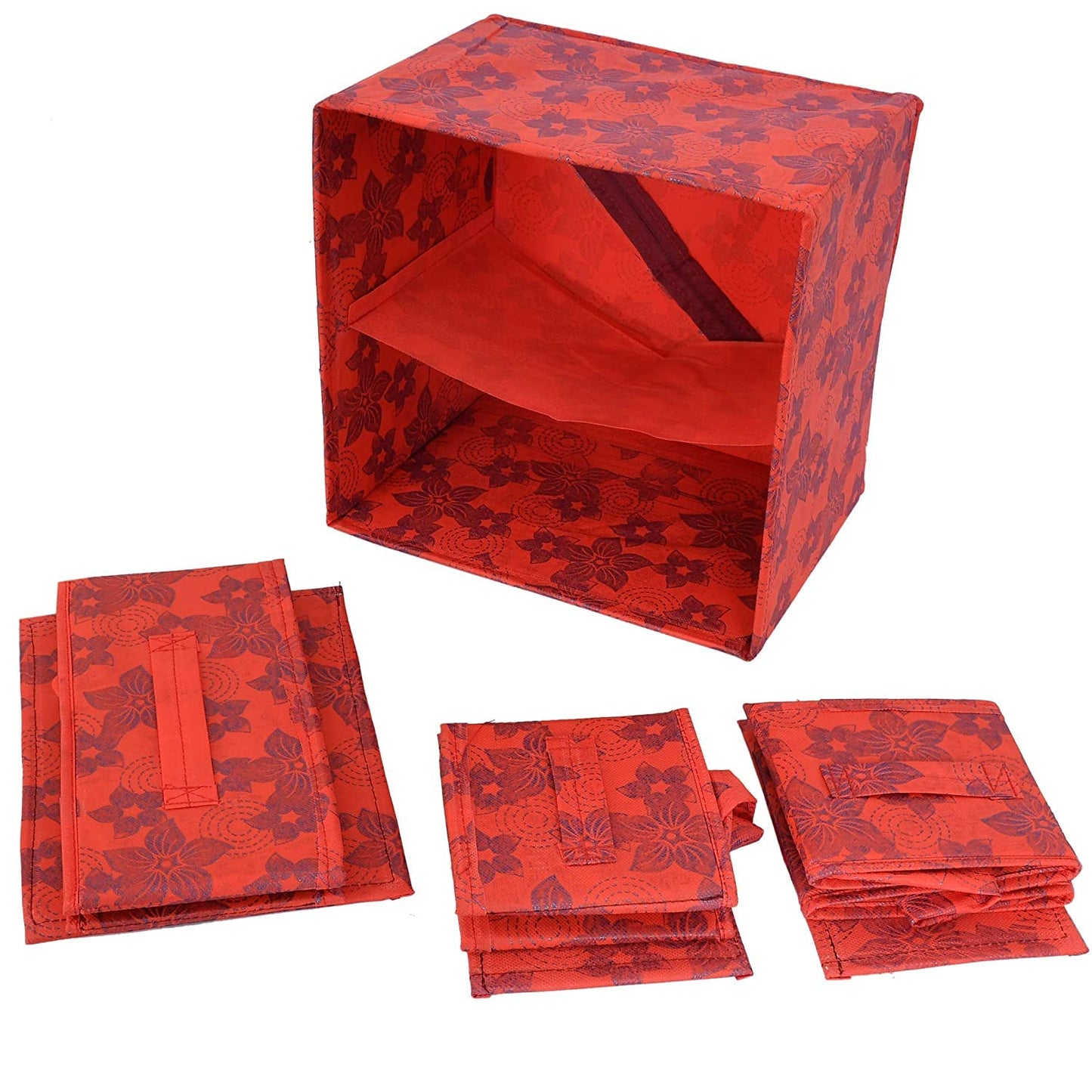 3 Drawers Foldable Makeup Organizer Box - Metallic Flower Print | Includes 1 Organizer | Color: Red