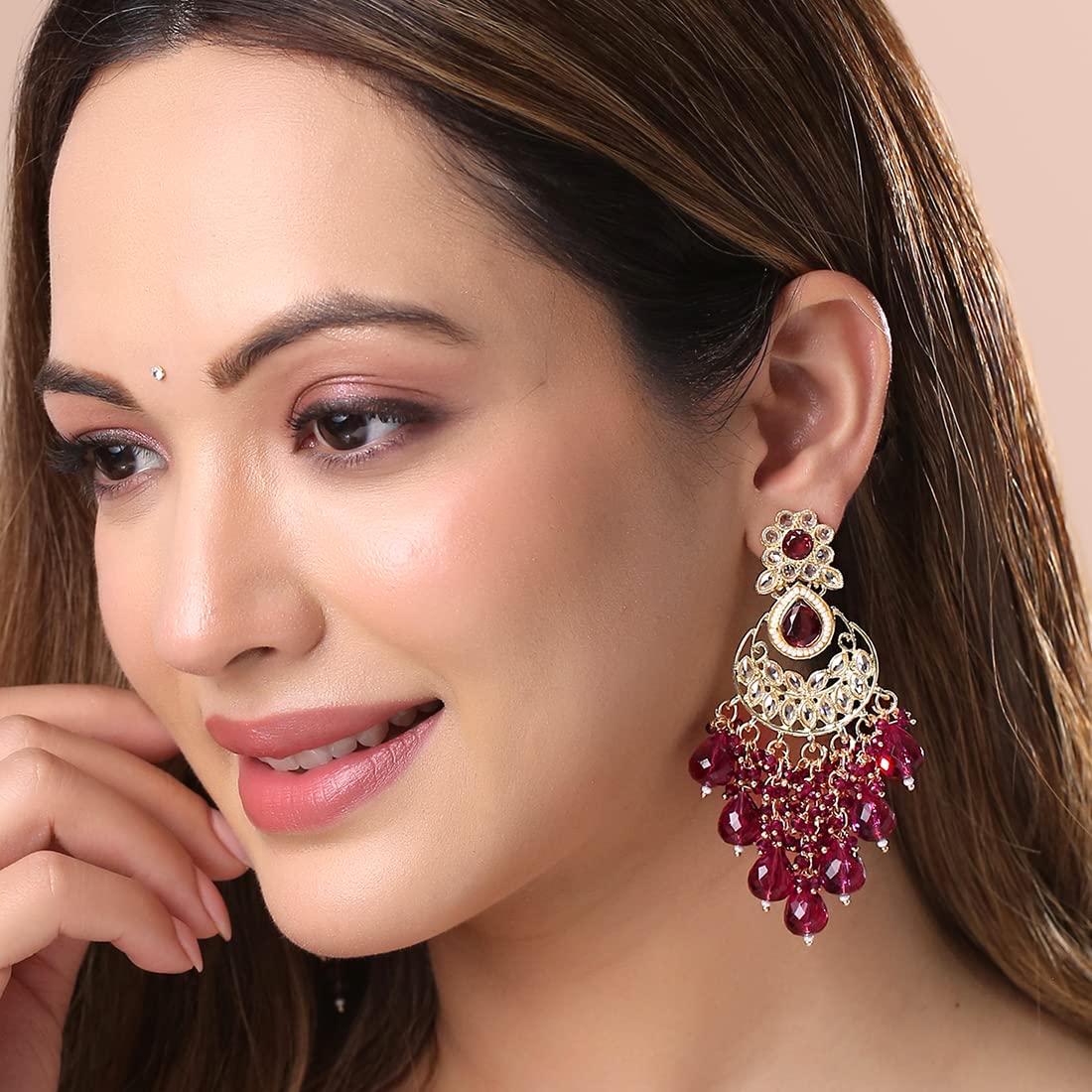 Yellow Chimes Purple Chandbali Earrings - Ethnic Fashion