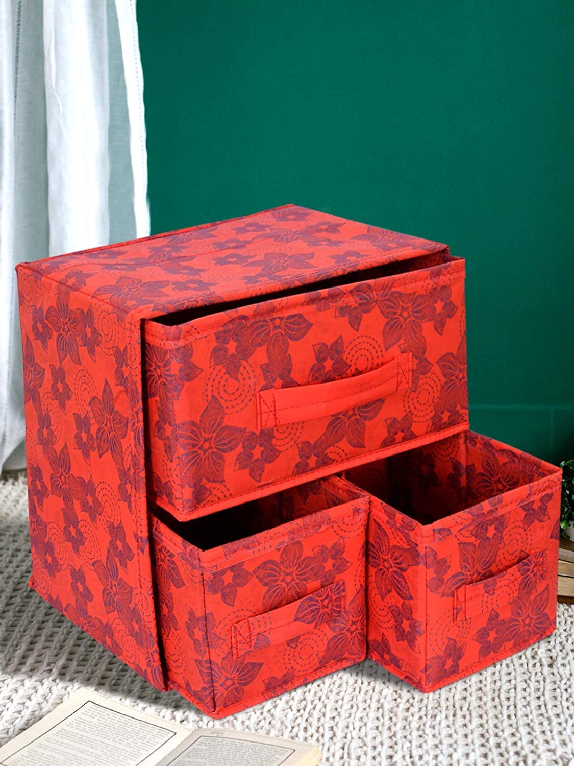 3 Drawers Foldable Makeup Organizer Box - Metallic Flower Print | Includes 1 Organizer | Color: Red