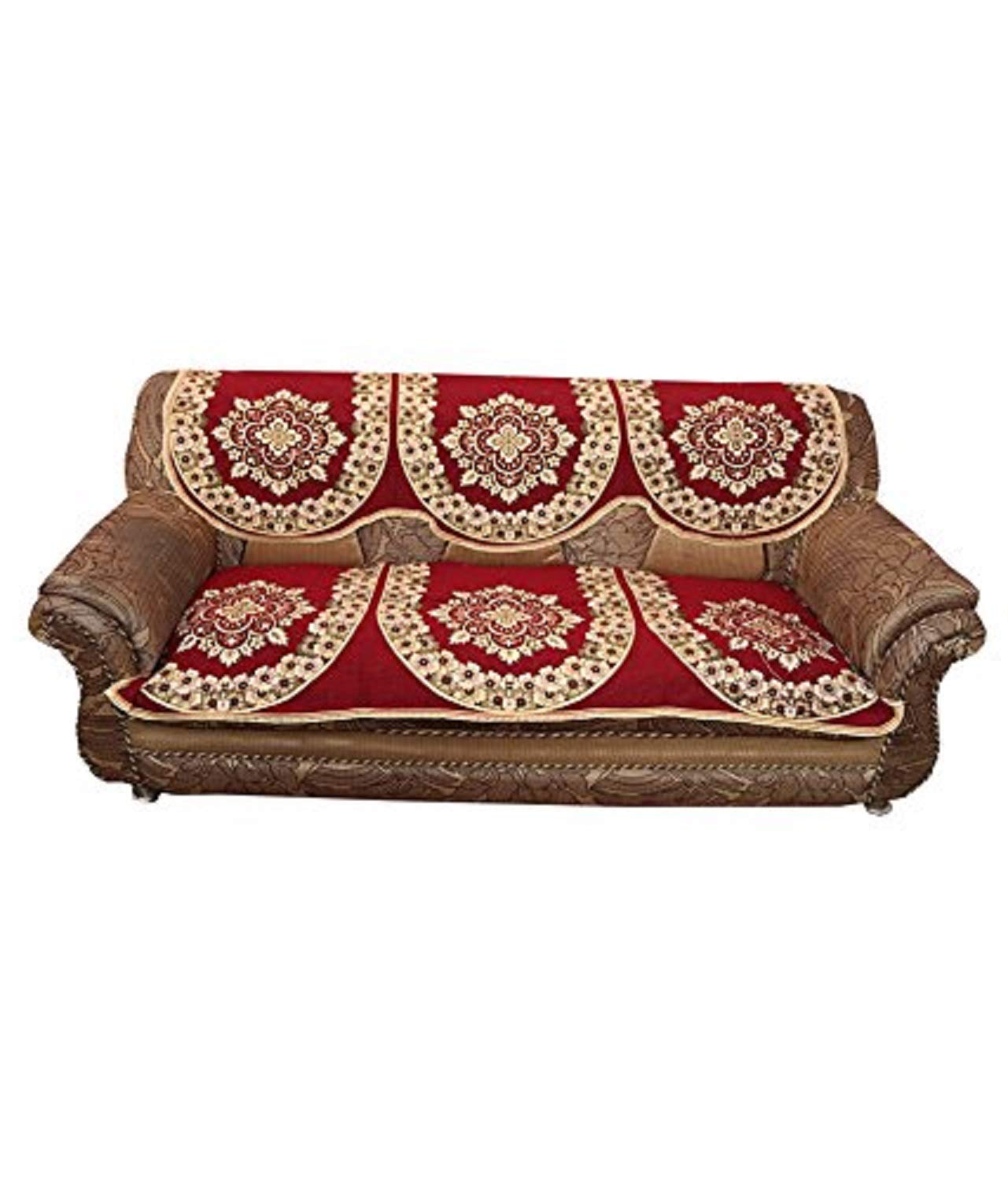 6 Piece Cotton Sofa Cover Set - Floral, Washable | Standard Size | Maroon | For Sofa & Chair