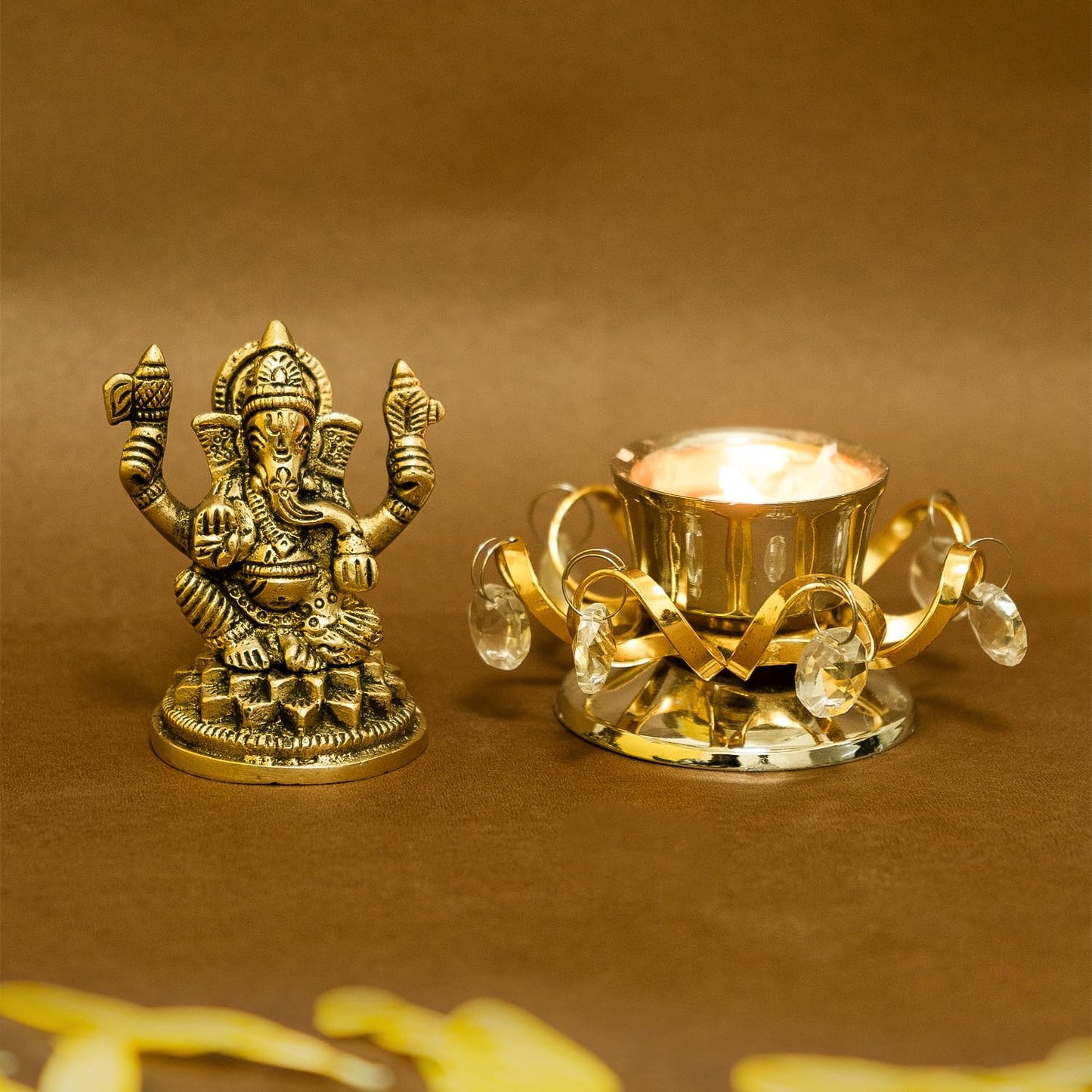 Ekhasa 100% Pure Brass Ganesha Idol & Tealight Candle Holder (Size: 8.4 cm) | Pital Ganesh Murti for Pooja Room, Home Decor, Office Desk, Car Dashboard | Vinayagar Statue for Diwali Puja (Combo Set)