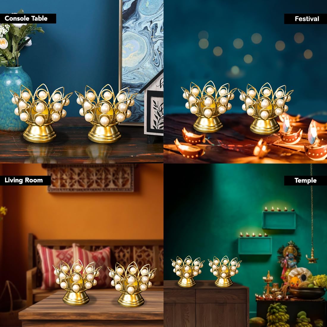 Combo: Pure Brass Ganesh Idol & Tealight Candle Holder | Perfect for Pooja Room & Home Decor | Gold Finish