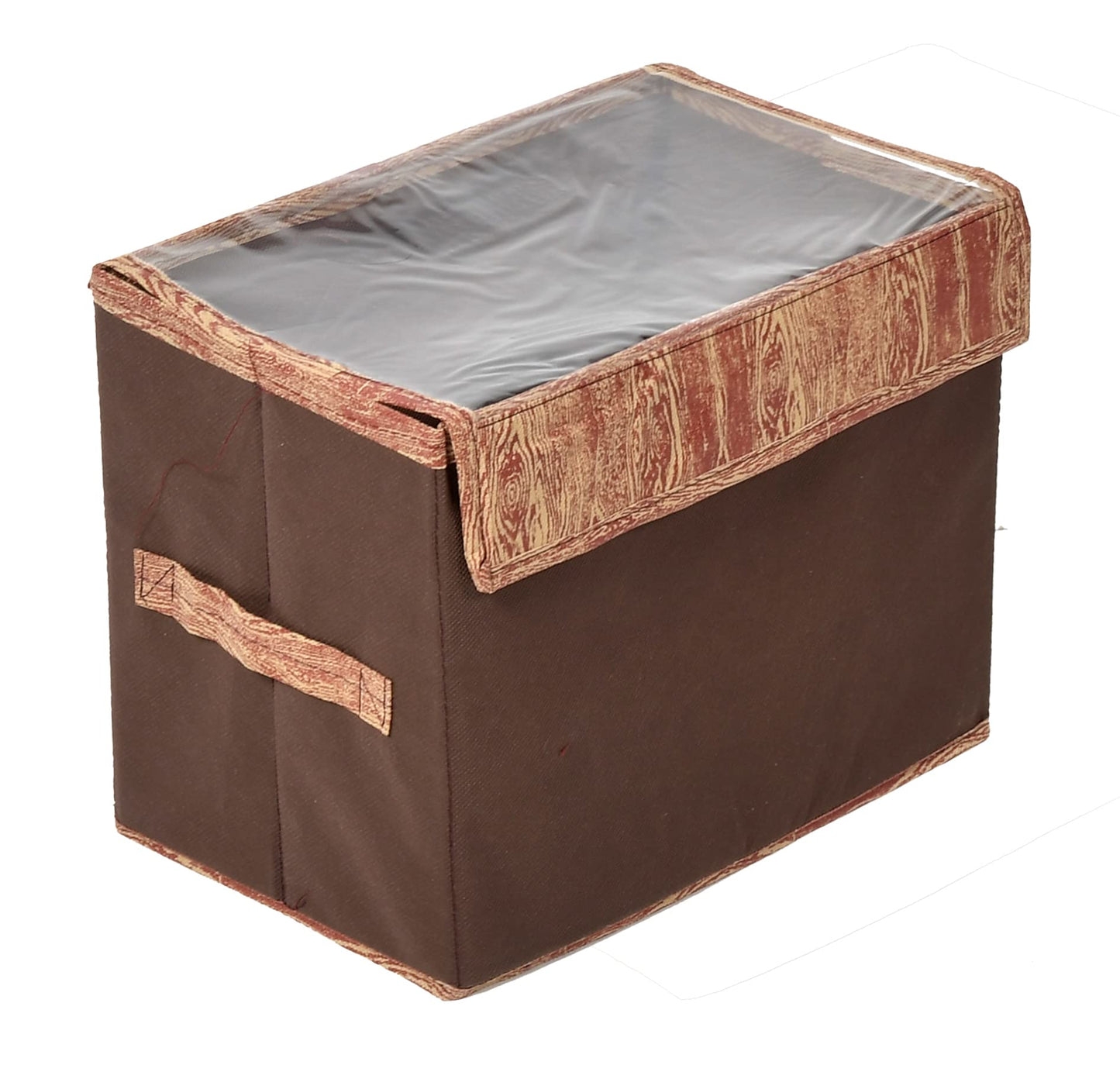 Heart Home Wooden Design Foldable Medium Non-Woven Storage Box/Bin For Books, Towels, Magazines, DVDs & More With Tranasparent Lid (Brown) -44HH0436