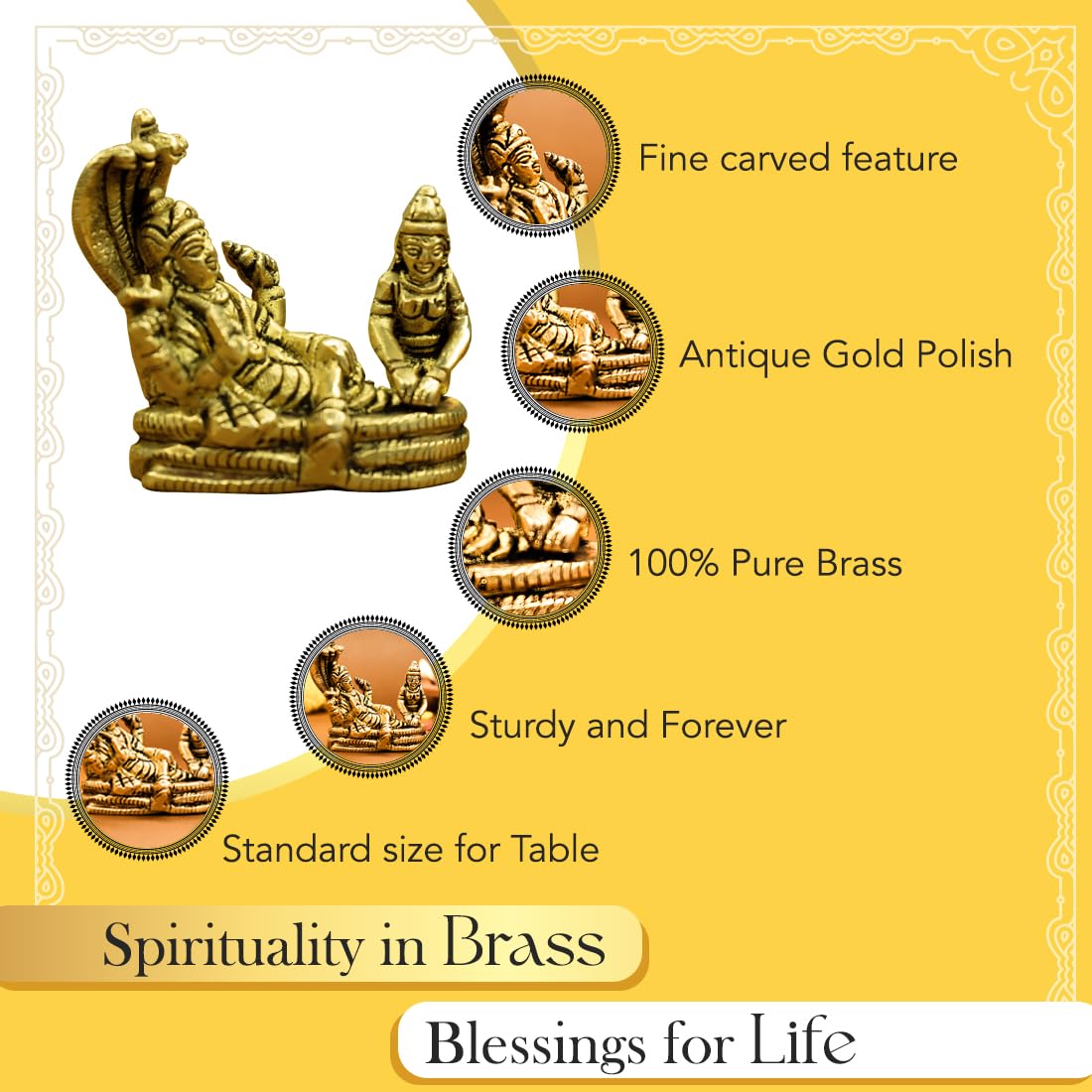 Brass Vishnu Laxmi Murti on Sheshnag - Traditional Gold Idol for Puja | 7 cm | Decorative Accessory