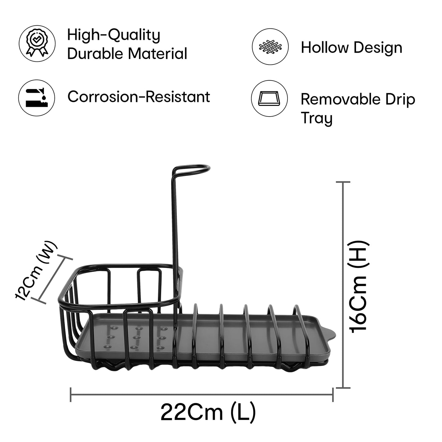 Anko Powder-Coated Iron Wire Sink Tidy Cleaning Supplies Organizer With Polypropylene Tray For Kitchen | Rustproof, Corrosion-Resistant | Black | 22 Cm (L) X 16 Cm (H) X 12 Cm (W) (1 Pc)