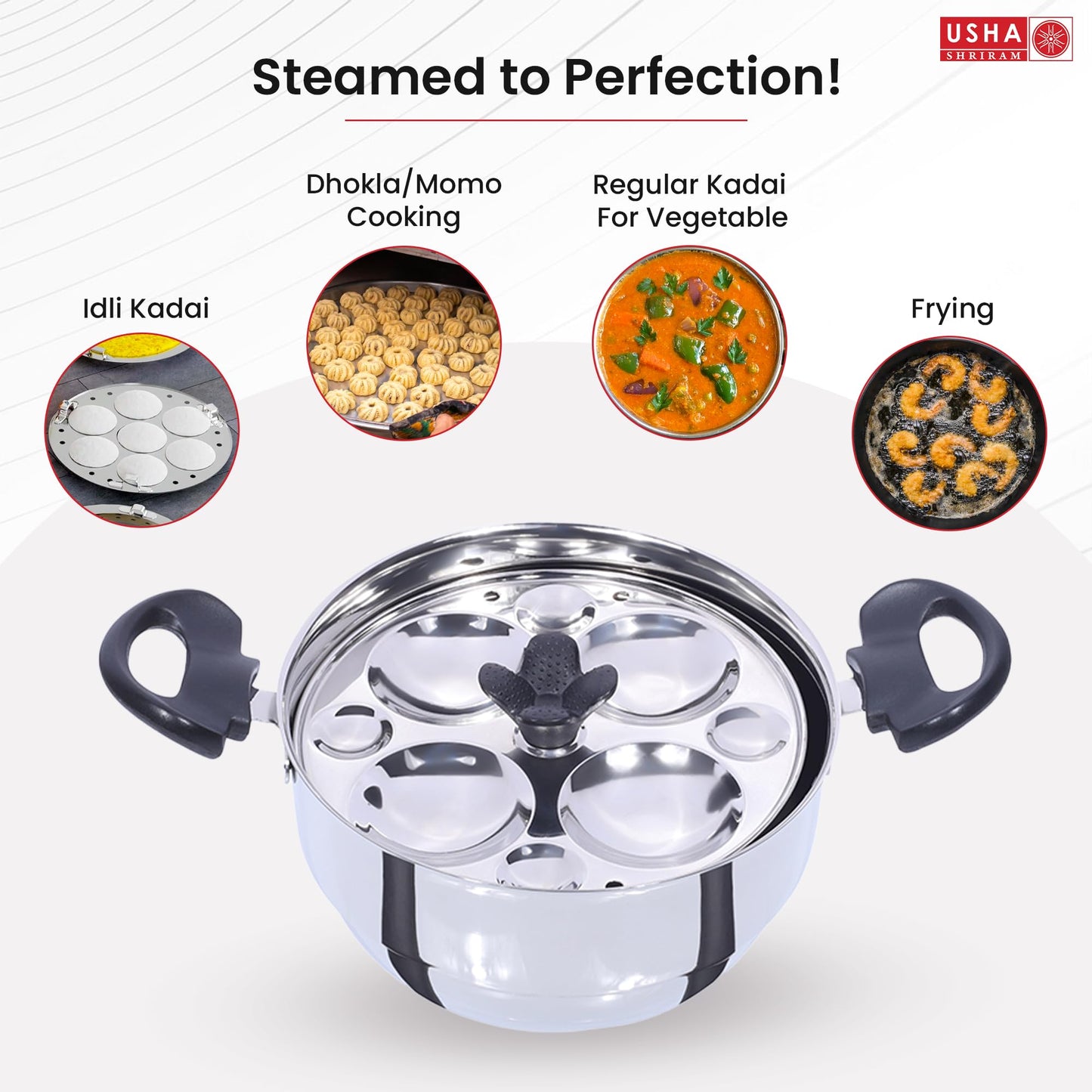 USHA SHRIRAM Stainless Steel Idli Cooker Kadai (5 Plate) | 3 Idli Plates (12 Big, 12 Button Idlis), 2 Momo/Idiyappam Plates | Idly Maker Momo Steamer | Multi Kadai for Idli, Dhokla,Mini Idlies, Modaks