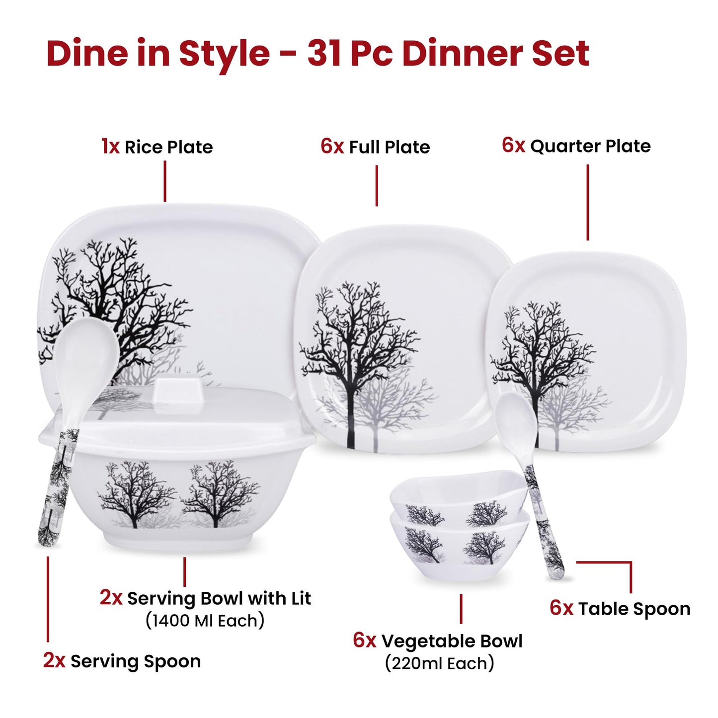 USHA SHRIRAM Melamine Dinner Set (31 Pcs) | Kitchen Set for Home | Unbreakable Plates and Bowls Set | Dinner Ware Set | Dinner Ware Set | Fiber Dinner Set | Gift for Marriage (Black Tree)