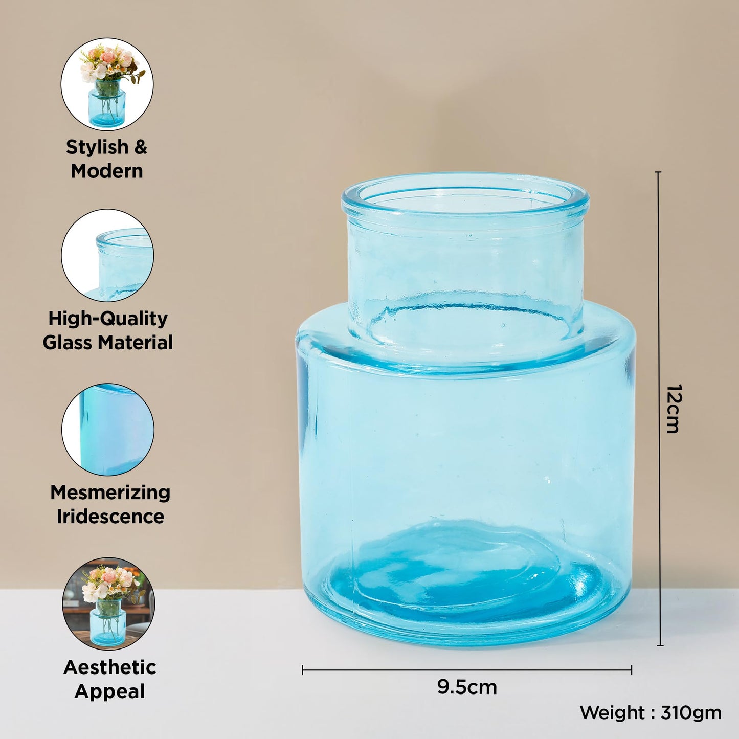 UMAI Glass Vase for Home Decor (2Pcs- 12cm) |Center Table Decorative Items| Flower Vases For Home Decor| Dining Table Decorative Items| Transparent Flower Vase For Living Room, Office, Bookshelf- Blue