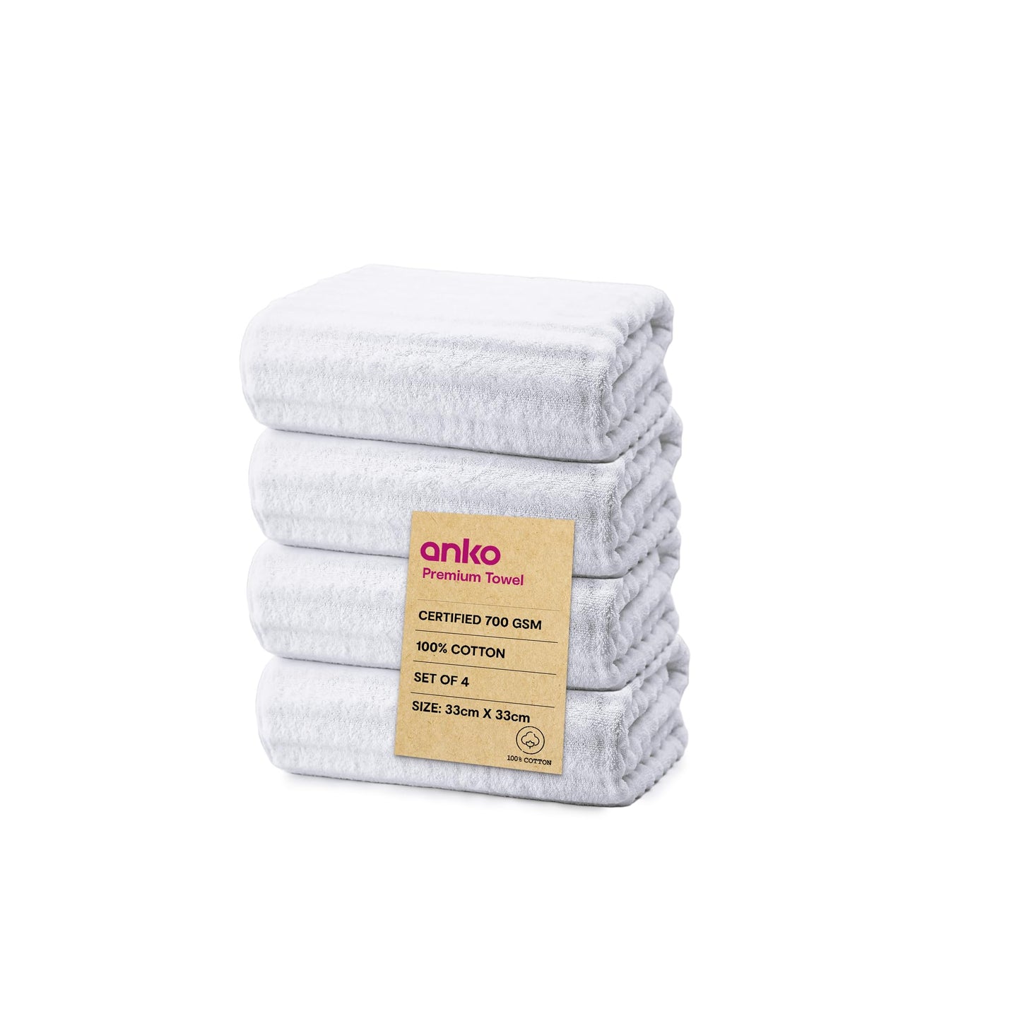 Pack of 4: 100% Cotton Face Towels - Ribbed, Soft, Ultra Absorbent, Quick-Dry | 33x33 cm | White | 700 GSM