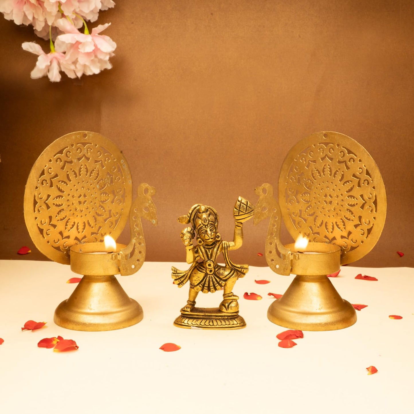 Combo: Brass Hanuman Ji Idol & Peacock Tealight Holder for Home Puja | 8.4 cm | Lord Hanuman Decor | Brass