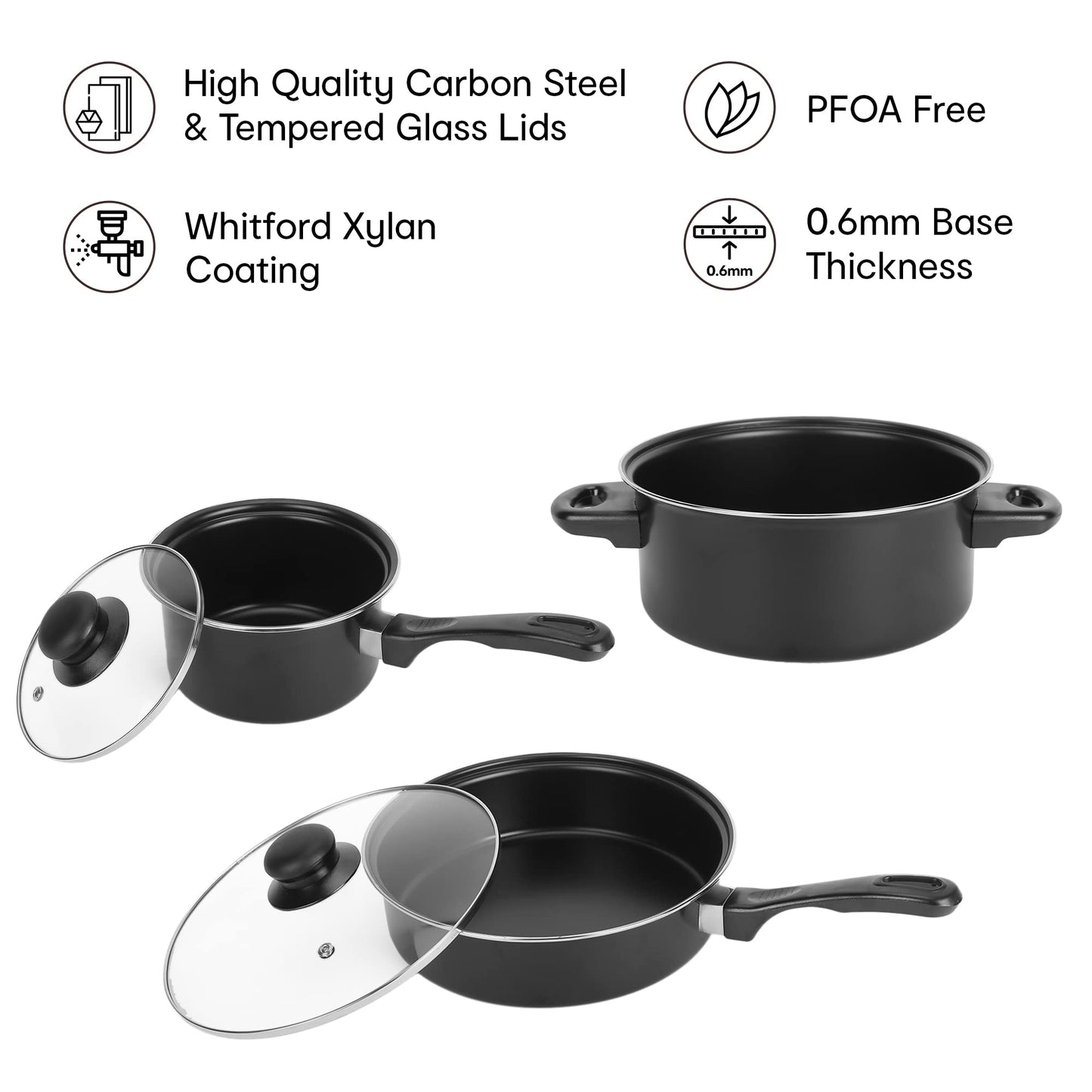 Anko Non-Stick Carbon Steel Cook Set Of 3 Xylan Coating Electric, Gas, Ceramic, Halogen Cooktop Pfoa Free Fry Pan: 24 Cm (D), Glass Lid Casserole: 24 Cm Dia, Glass Lid Saucepan: 16Cm Dia, Black