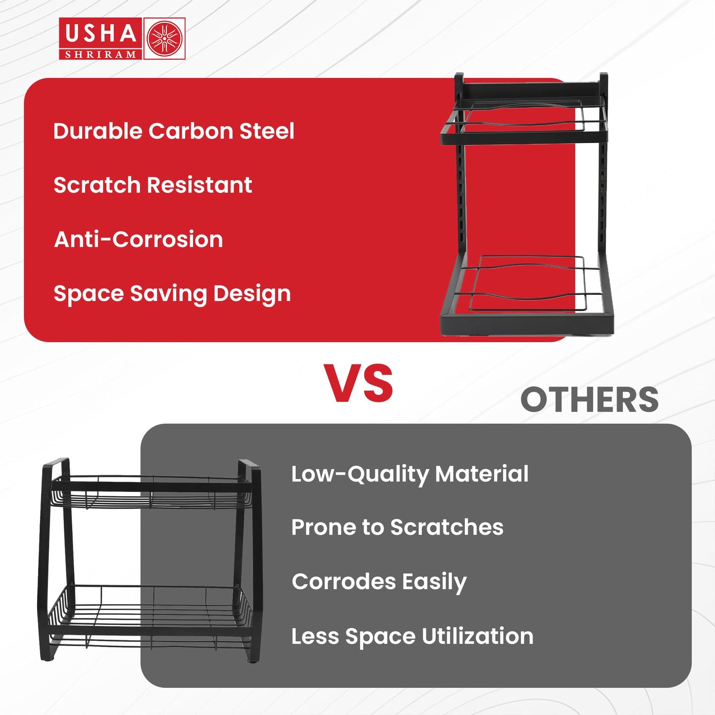 USHA SHRIRAM Carbon Steel | Dish Organiser For Kitchen | Kitchen Side Rack Organiser | Kadai Pan Organiser Rack For Kitchen | Kitchen Appliances Organiser | itchen Shelf Organiser (Pack of 1, 2 Layer)