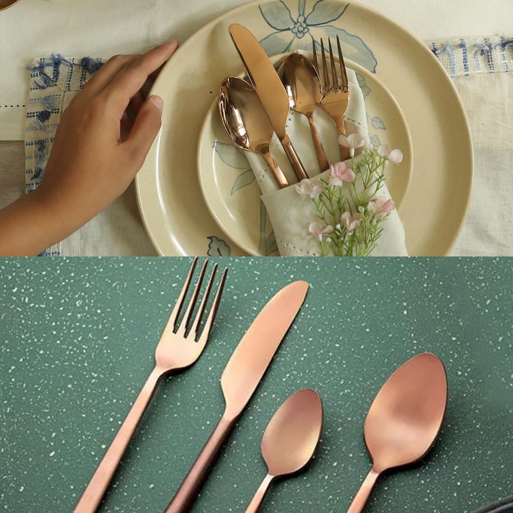 Ellementry Enigma Rose Gold Cutlery Set of 4 | Stainless Steel Set | Food Grade Silverware for Home & Kitchen | Dishwasher Safe | Cutlery Set for Dining Table | Spoon/Fork/Knife Set