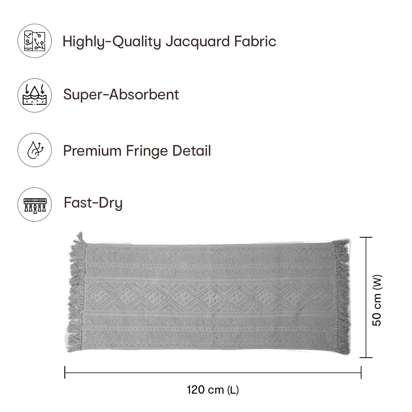 100% Cotton Tufted Bath Runner - Quick Dry, Lightweight, Machine Washable | 120x50 cm | Grey