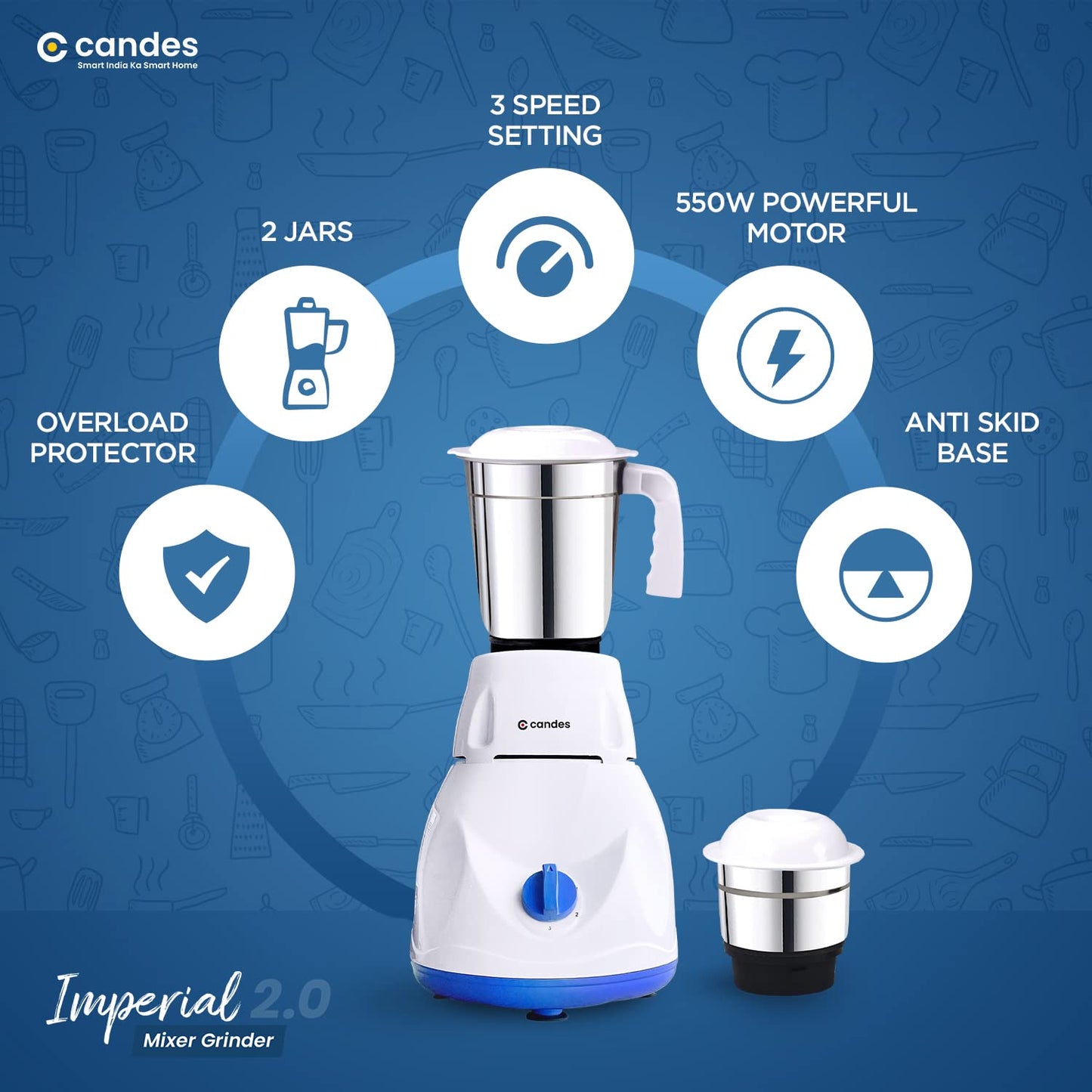 Candes Imperial 550 Watt Mixer Grinder with 2 Jars | Powerful Motor with 1 Year Warranty - White Blue