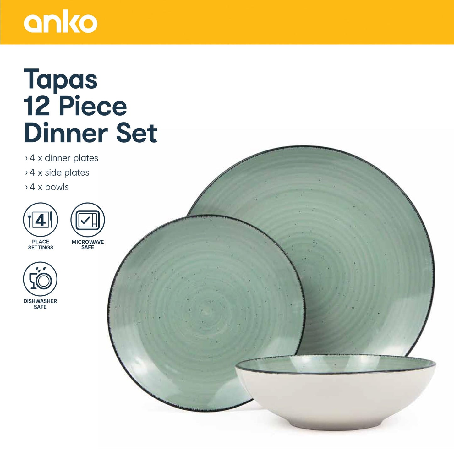 Anko Tapa 12 Pieces Dinner Set | Premium Crockery for Dining Table| Lead & Cadmium Free, Microwave & Dishwasher Safe| Stoneware| Matt Glaze Finish | 4 Dinner Plates, 4 Side Plates, 4 Bowls | Green