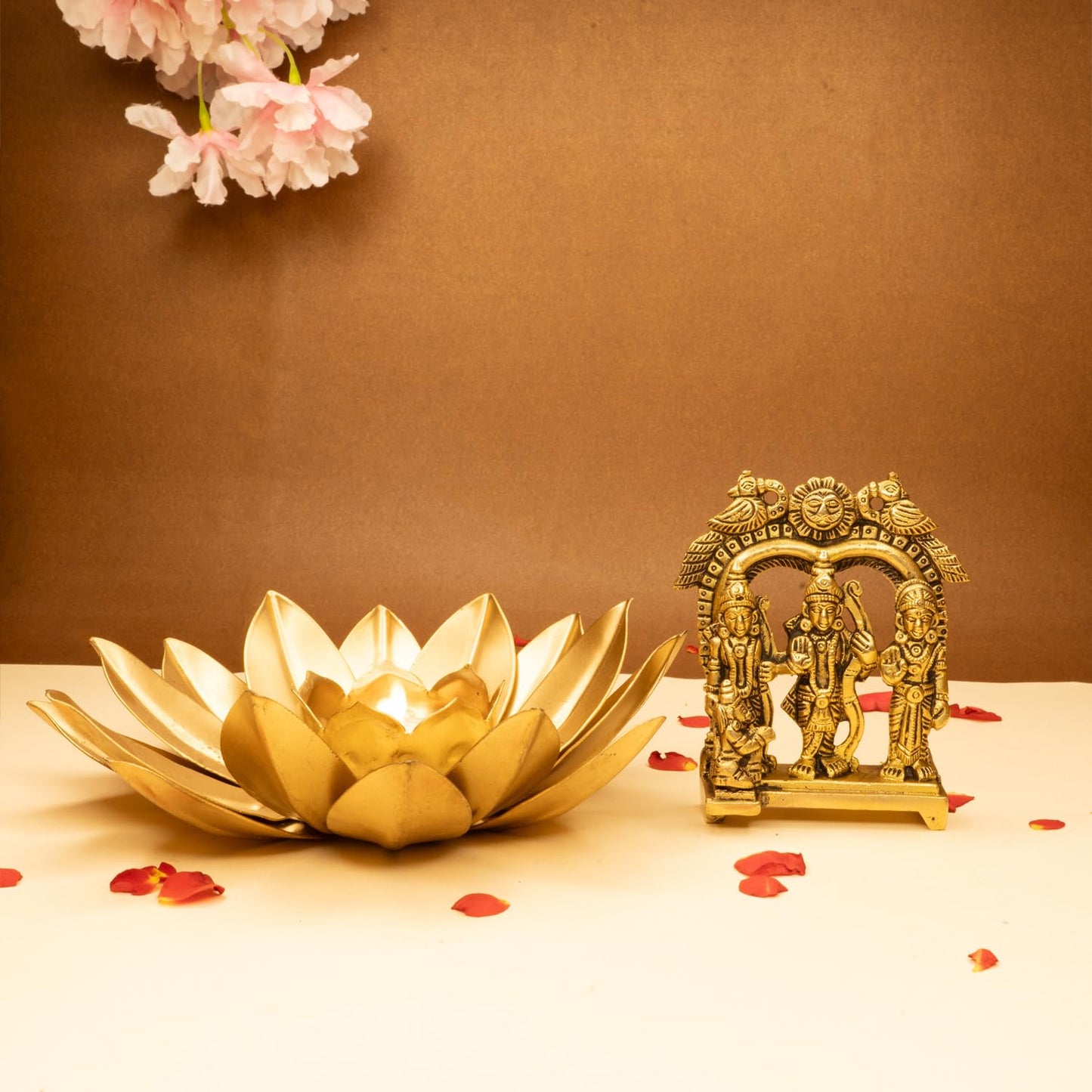 Combo: 100% Pure Brass Ram Darbar Murti & Tealight Candle Holder | Decorative Idol for Home Decor | Multi-color