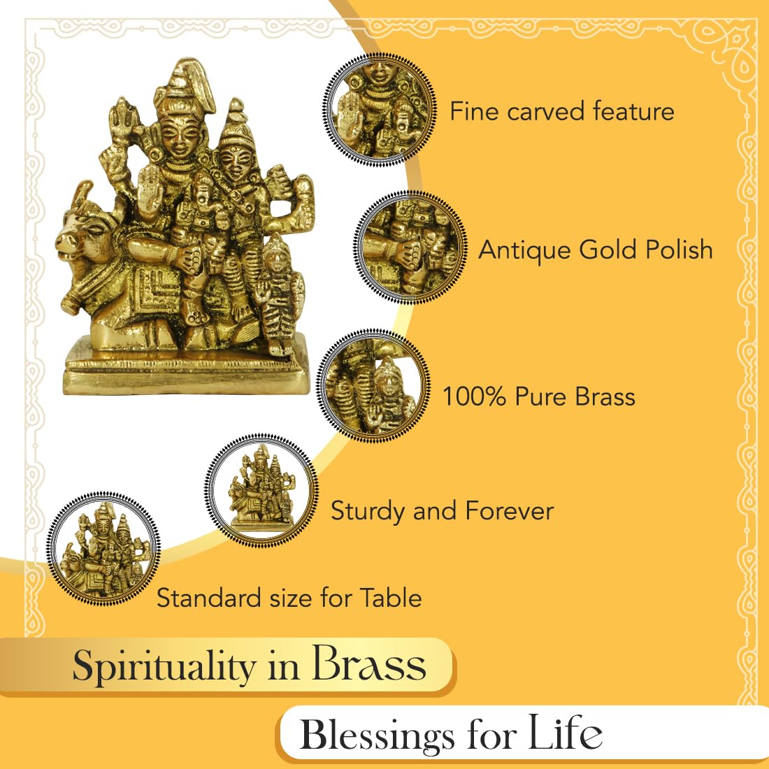 Brass Shiv Parivar Murti - Pure Brass, Polished Finish | Perfect for Car Dashboard & Home Decor | 8.5 cm | Gold