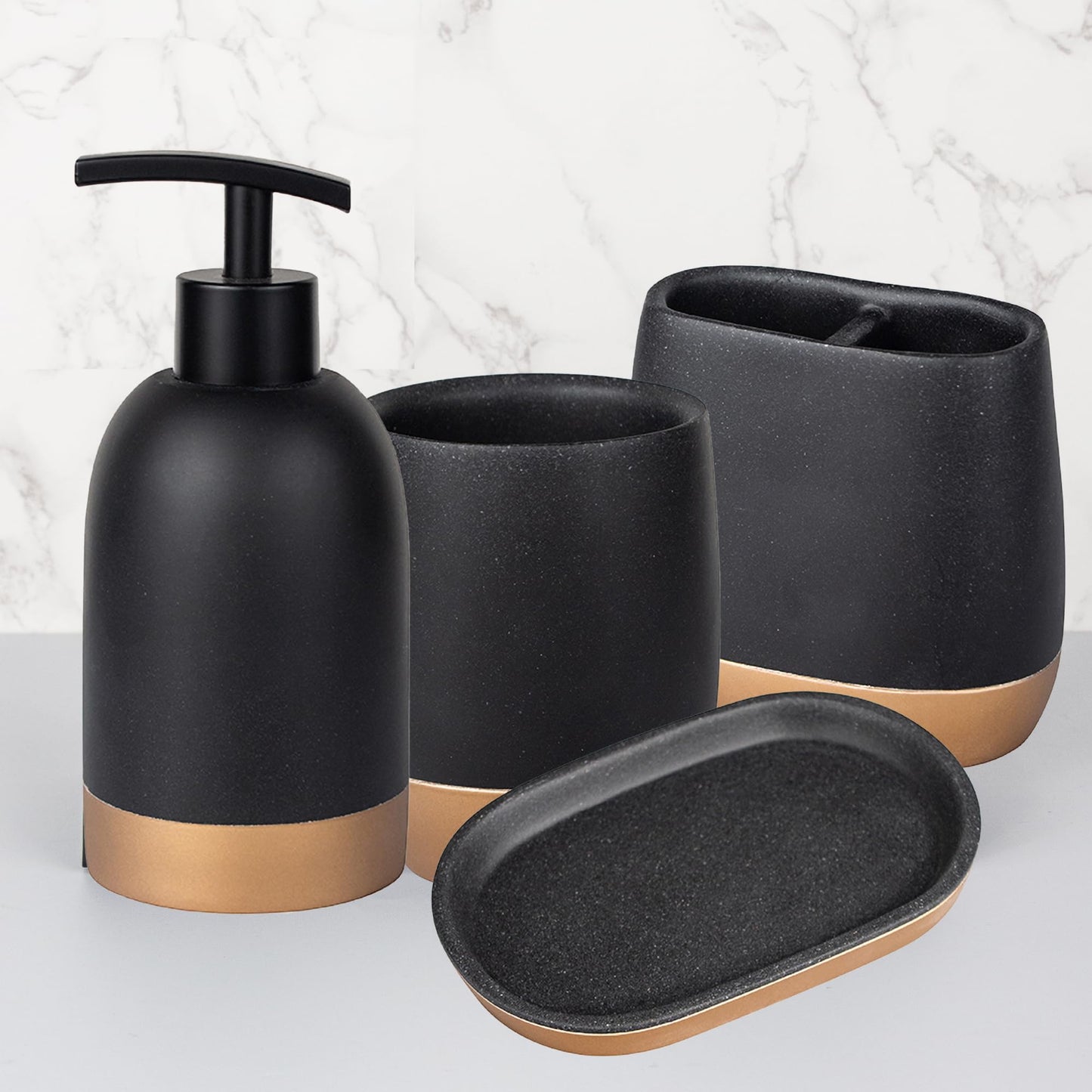 UMAI Polyresin 4-Piece Bathroom Accessories Set | Soap Holder for Bathroom | Liquid Soap Dispenser (250ml) | Tumbler | Toothbrush Holder | Moisture Resistant | Scratch Proof | Black-Golden