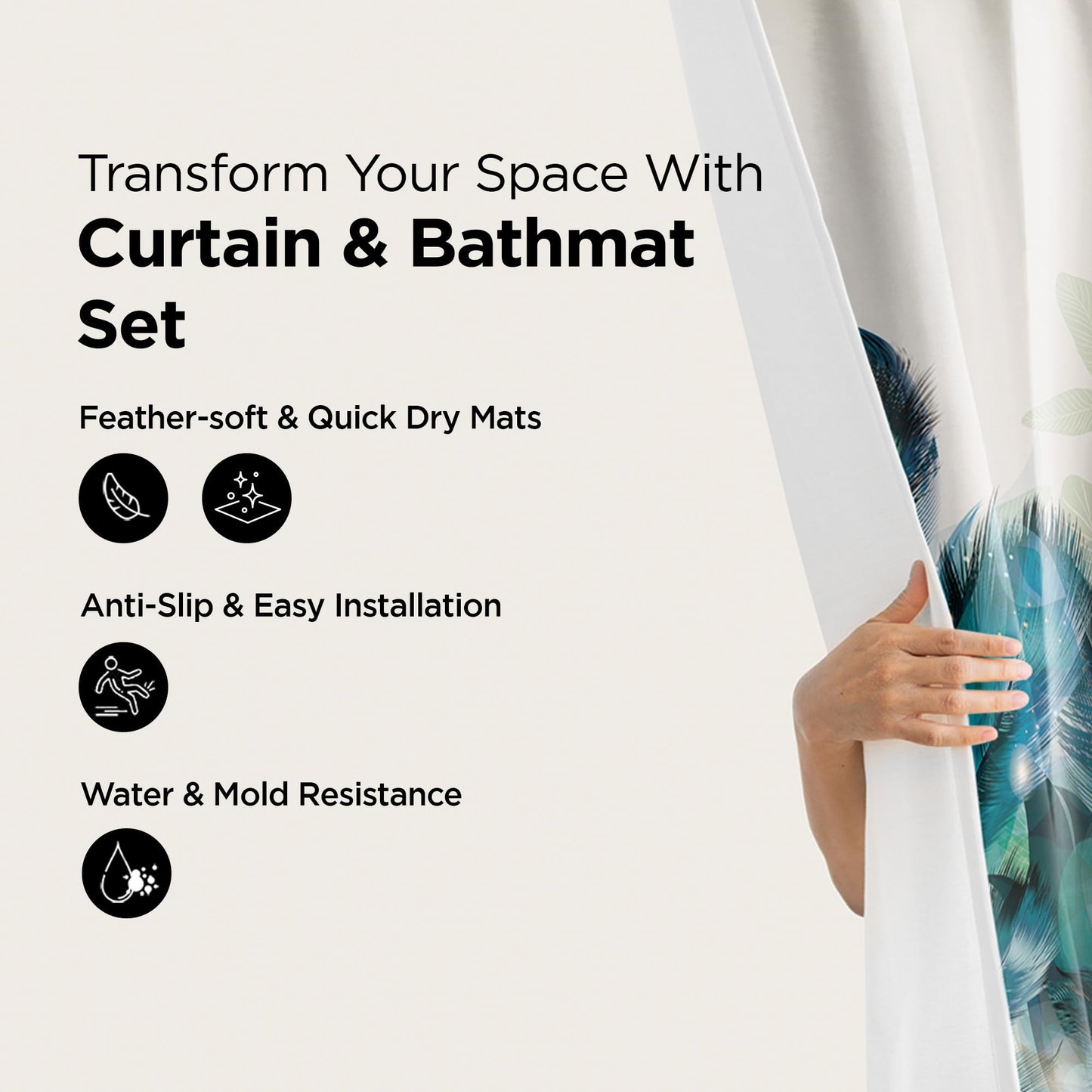 Combo: 7 Feet Shower Curtain & 2 Pcs Bathmat | Anti-Slip, Quick Dry, Waterproof | Multicolour Floral Decor