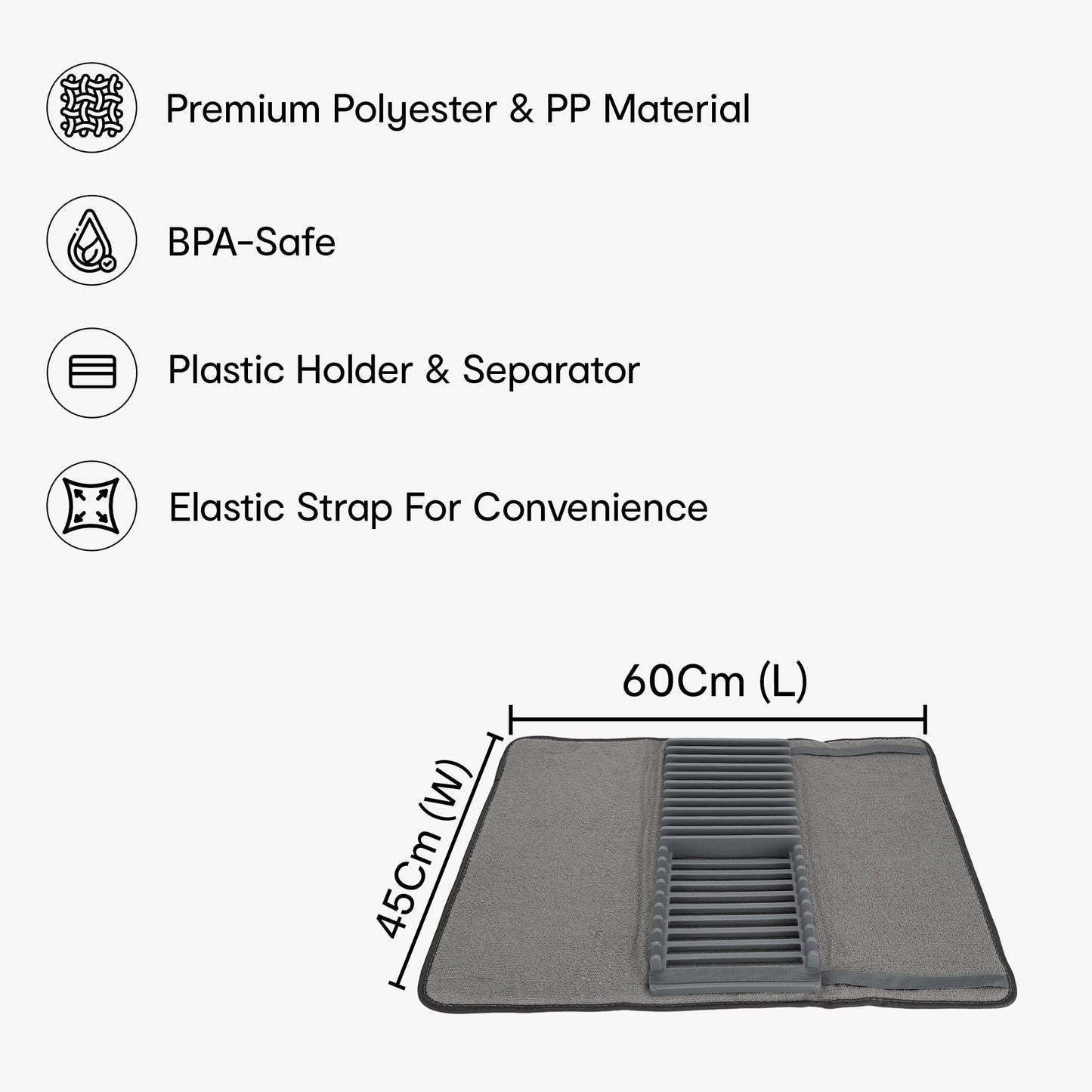 Anko Polyester Drying Mat with Polypropylene Plastic Kitchen Dish Rack | Foldable, Lightweight | BPA-Free | Grey | Drying mat: 60 Cm (L) x 45 Cm (W), Dish Holder: 43 Cm (L) x 17 Cm (W) (1 Pc)