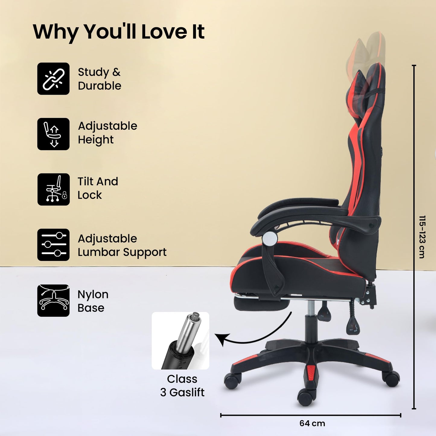 Gaming Chair with Adjustable Headrest & Lumbar Support | Footrest & Stretchable Armrest | 90 x 190 cm | Red