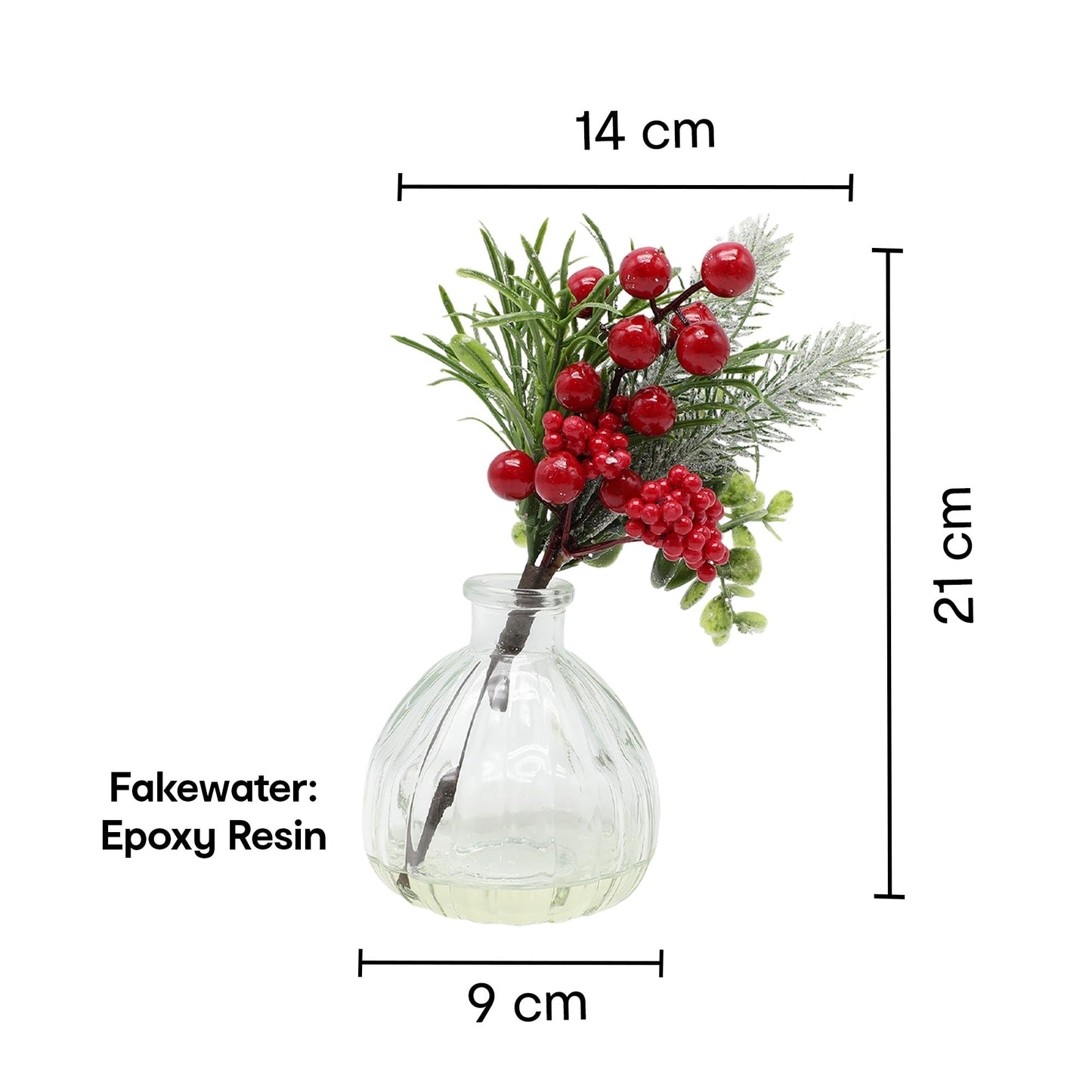 Anko Artificial Mini Plant with Glass Vase | Ideal Christmas Decorations for Home Decor, Office Desk, Living Room, Table Top | Christmas Gifts for Home | 21cm (H)x 9cm (Dia.)