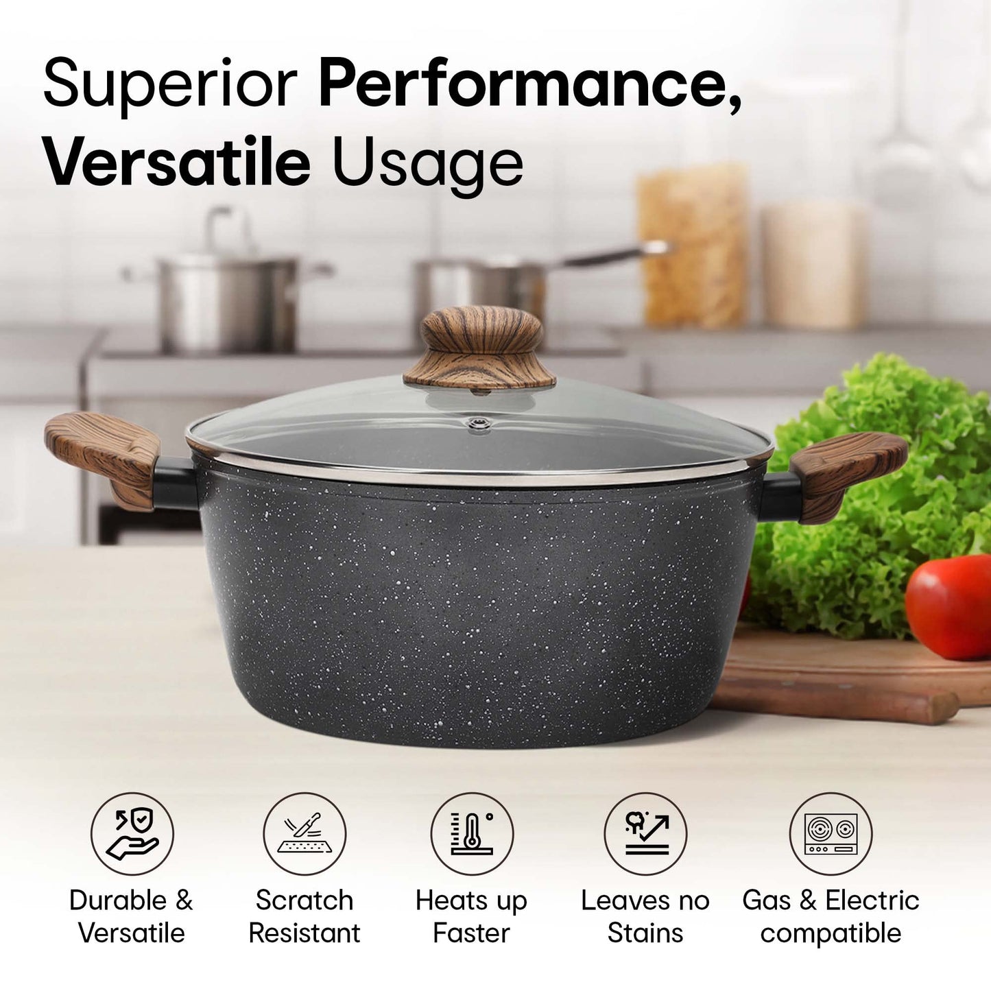 Anko Australia Non-Stick Aluminium Casserole With Glass Lid|4 Layer Non-Stick Coating Saucepan|Bakelite Wood-Look Handles|Electric,Gas,Ceramic,Halogen Cooktop|Pfoa Free|24 Cm(D)(1 Pc)3 Liter,Black