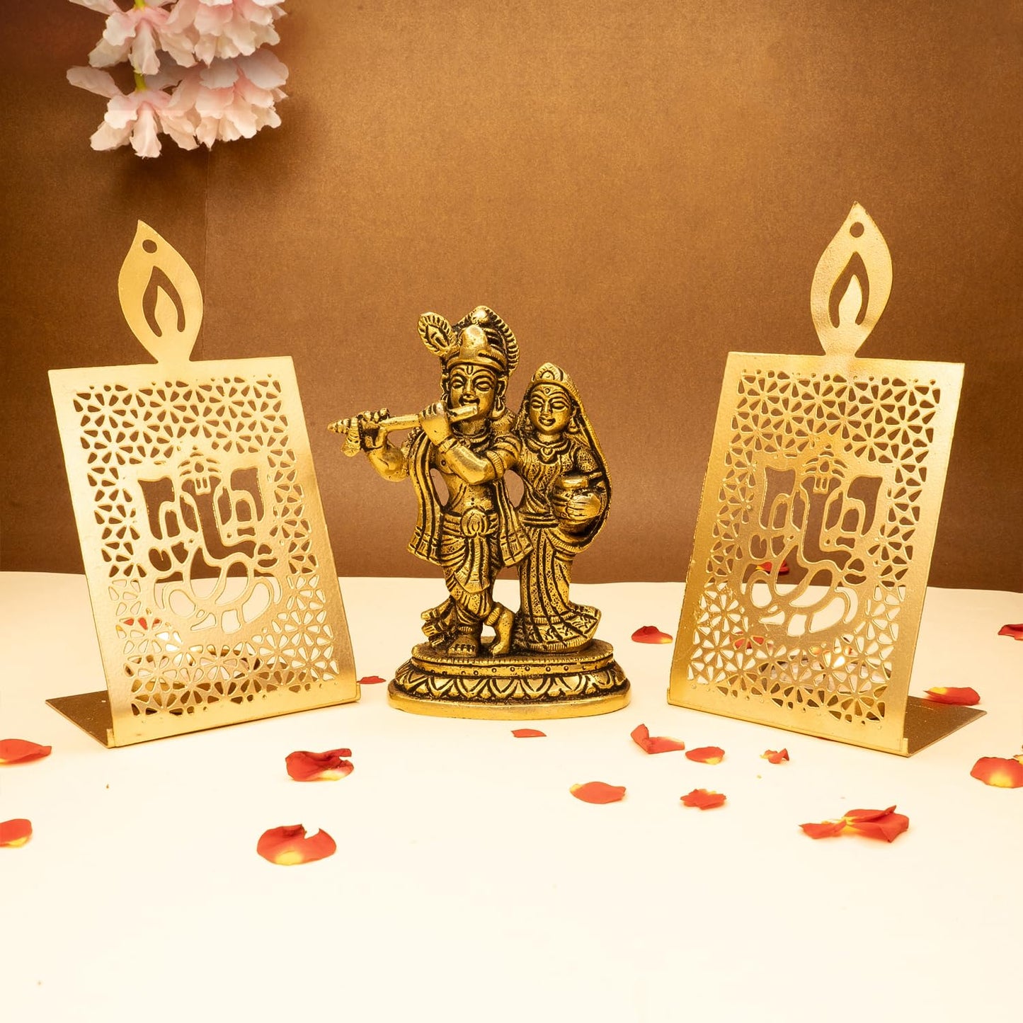 Combo: Brass Radha Krishna Murti & Tealight Holder | Ideal for Pooja Room & Home Decor | Gold Finish | Size: 8 cm