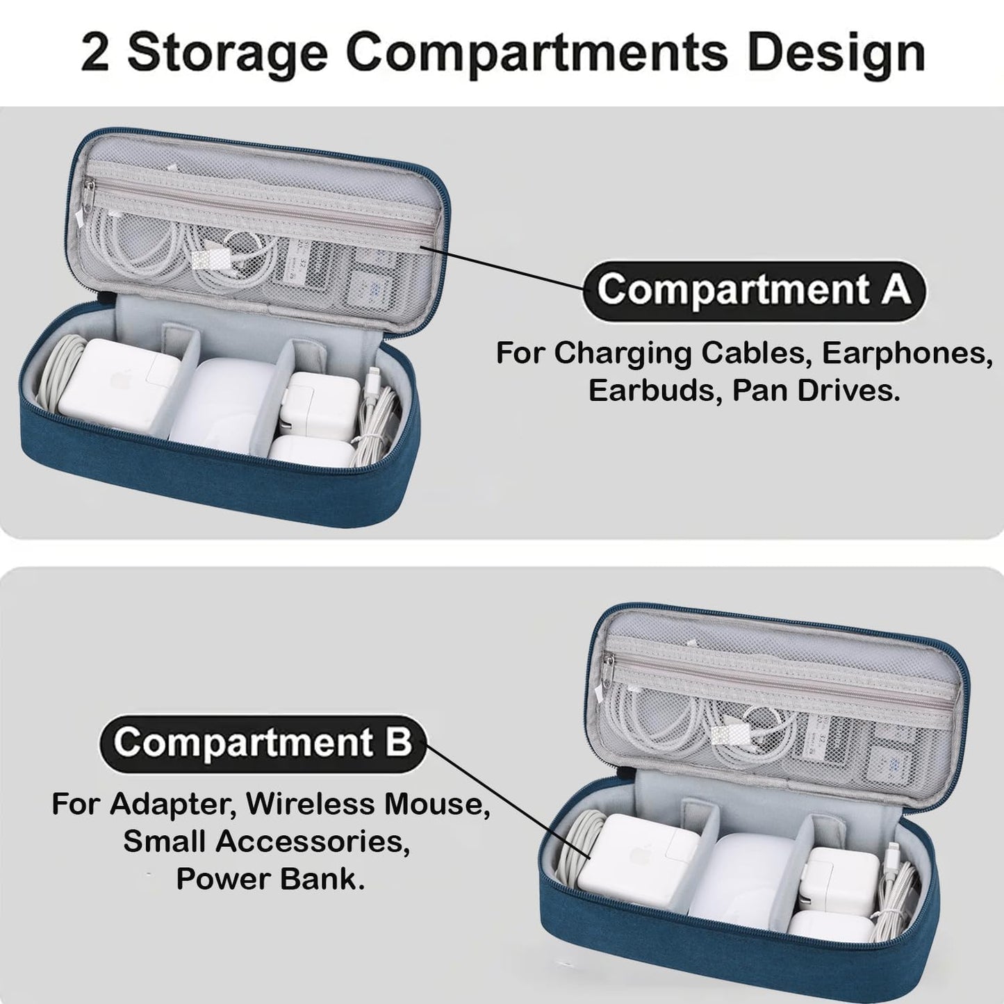 Kuber Industries Travel Organizer For Electronic Accessories|Multipurpose Pouch|Adapter, Cable, Gadget Organizer|Two Comparment With Zipper (Navy Blue)