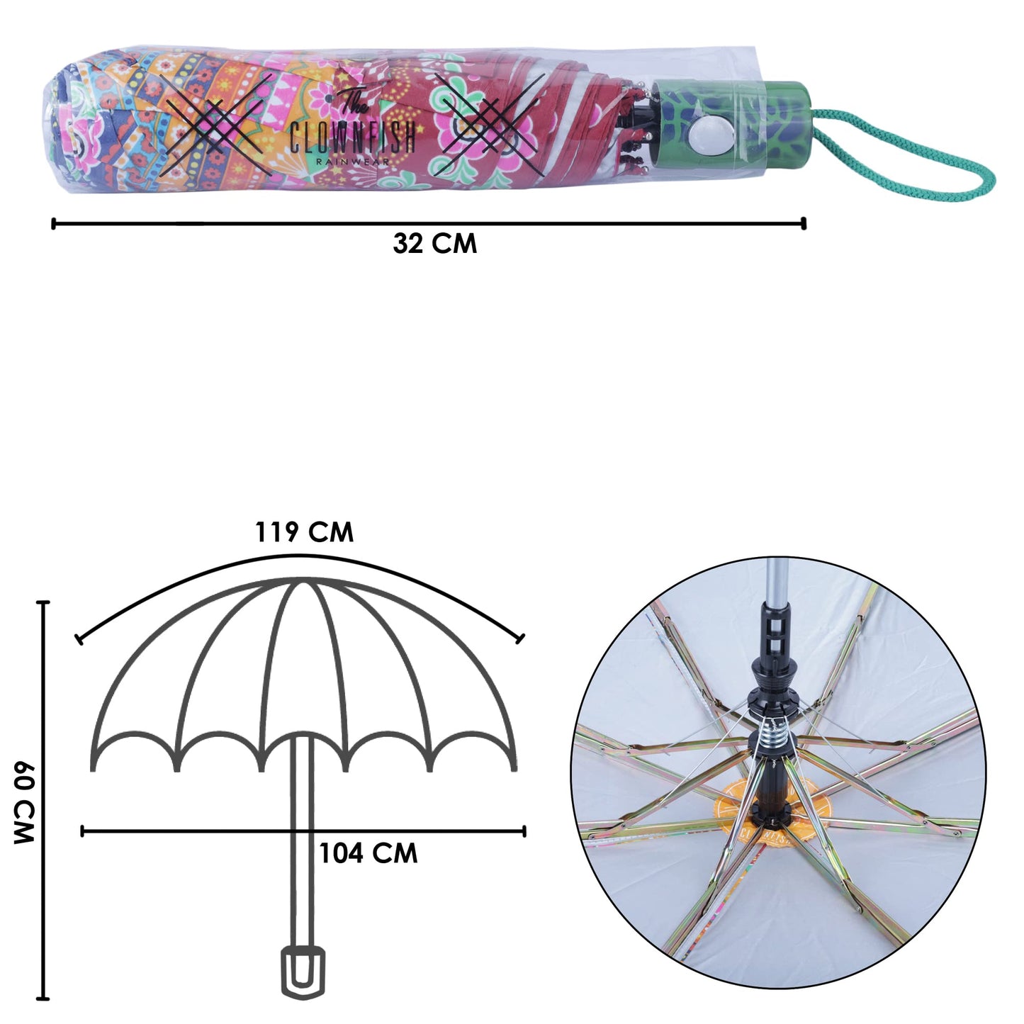 3-Fold Auto Open Umbrella - Waterproof, Silver Lined, Double Coated | Compact | Multi-Colour, Green Handle