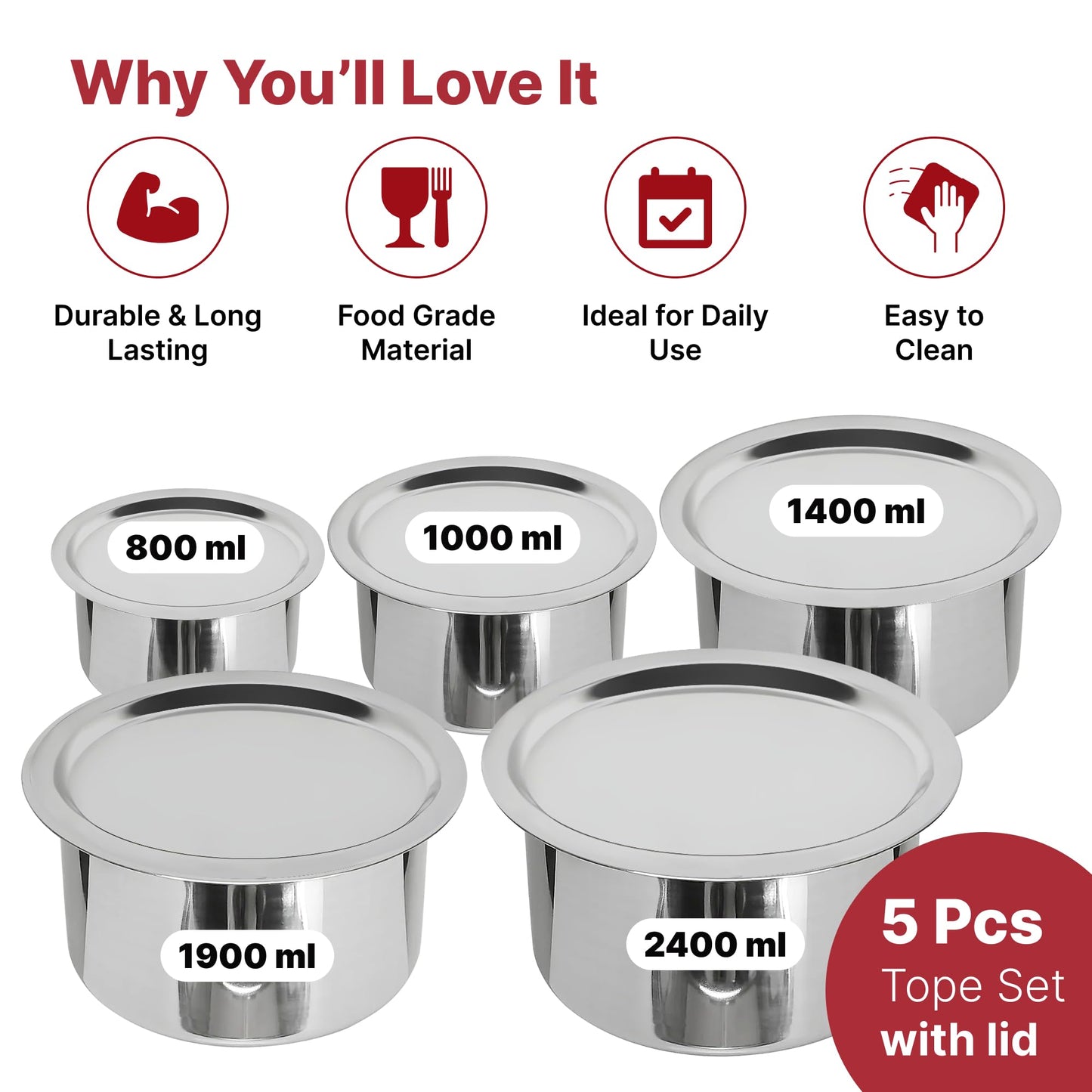 USHA SHRIRAM Stainless Steel Tope Set With Lid (5Pcs - 800ml, 1L, 1.4L, 1.9L, 2.4L ) |Gas & Induction Cookware |Stainless Steel Patila Pan With Steel Lid | Big Patila Pot | Flat Bottom | Milk Tea Pan