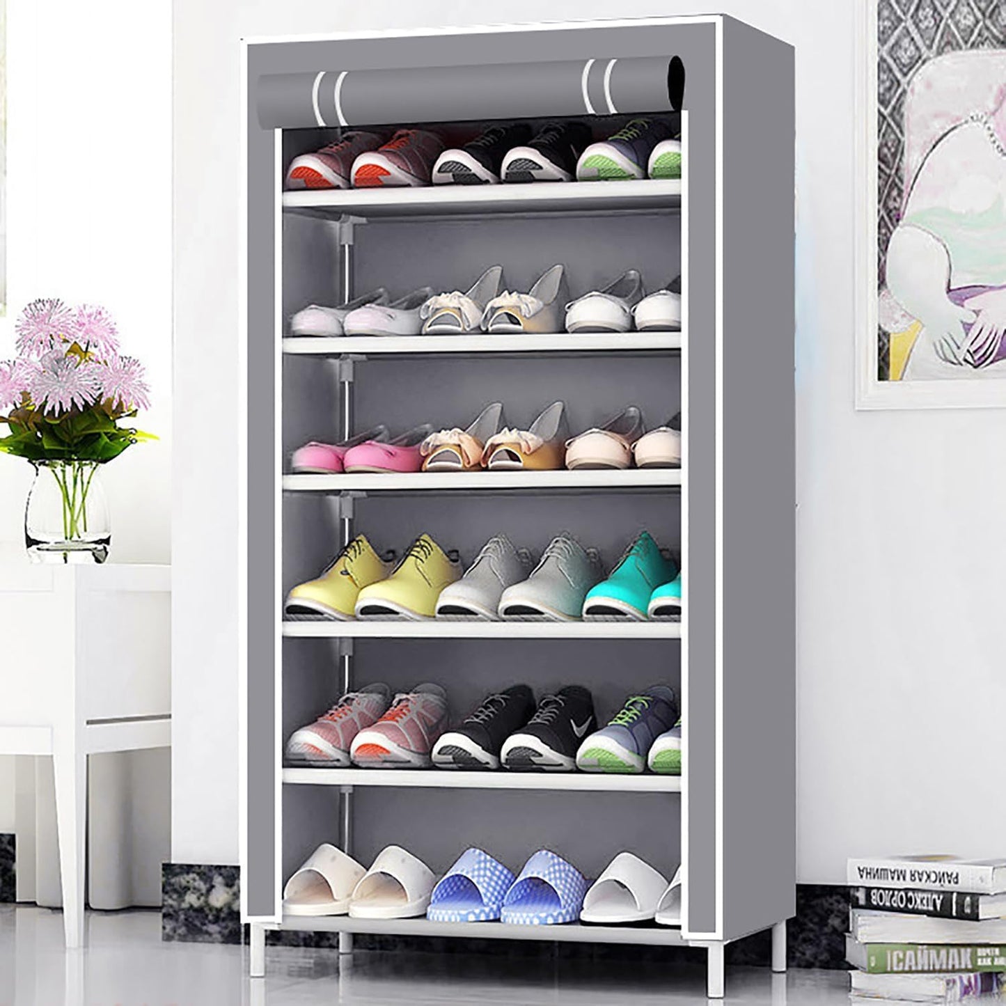 Pack of 4: Foldable Shoe Rack - 6 Shelves, Non-Woven | Storage Organizer for Shoes & Books | Grey