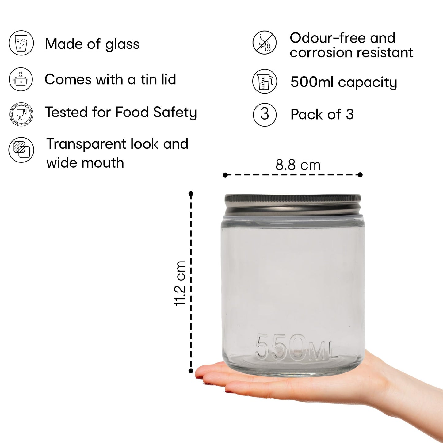 3-Piece Set: Airtight Glass Preserving Jars - Leakproof, Food Safe | Tin Lid | 550ml Each | Clear