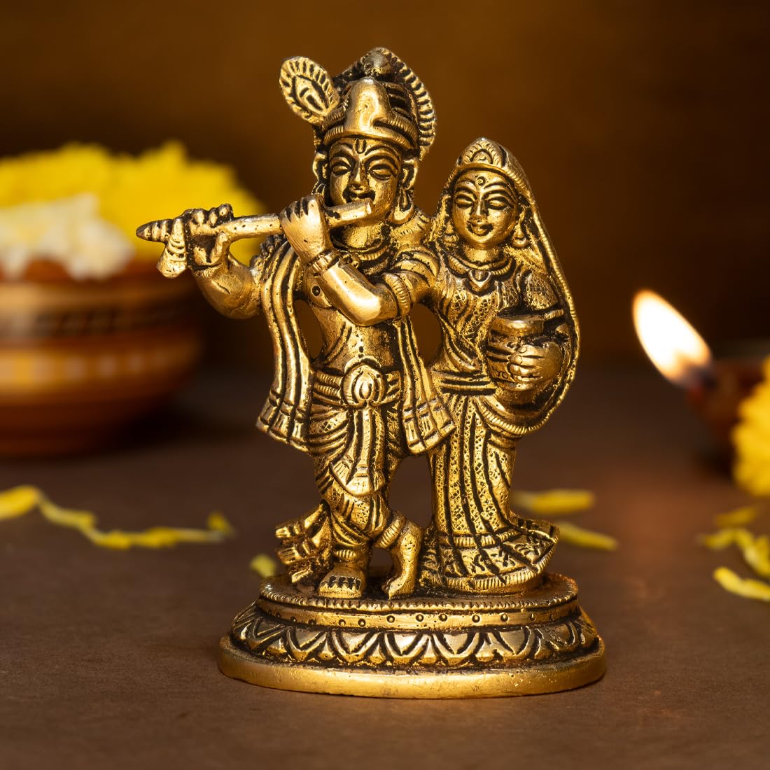 Combo: 100% Pure Brass Radha Krishna Murti & Tealight Holder | Size: 12.8cm | Home Decor | Gift Idea