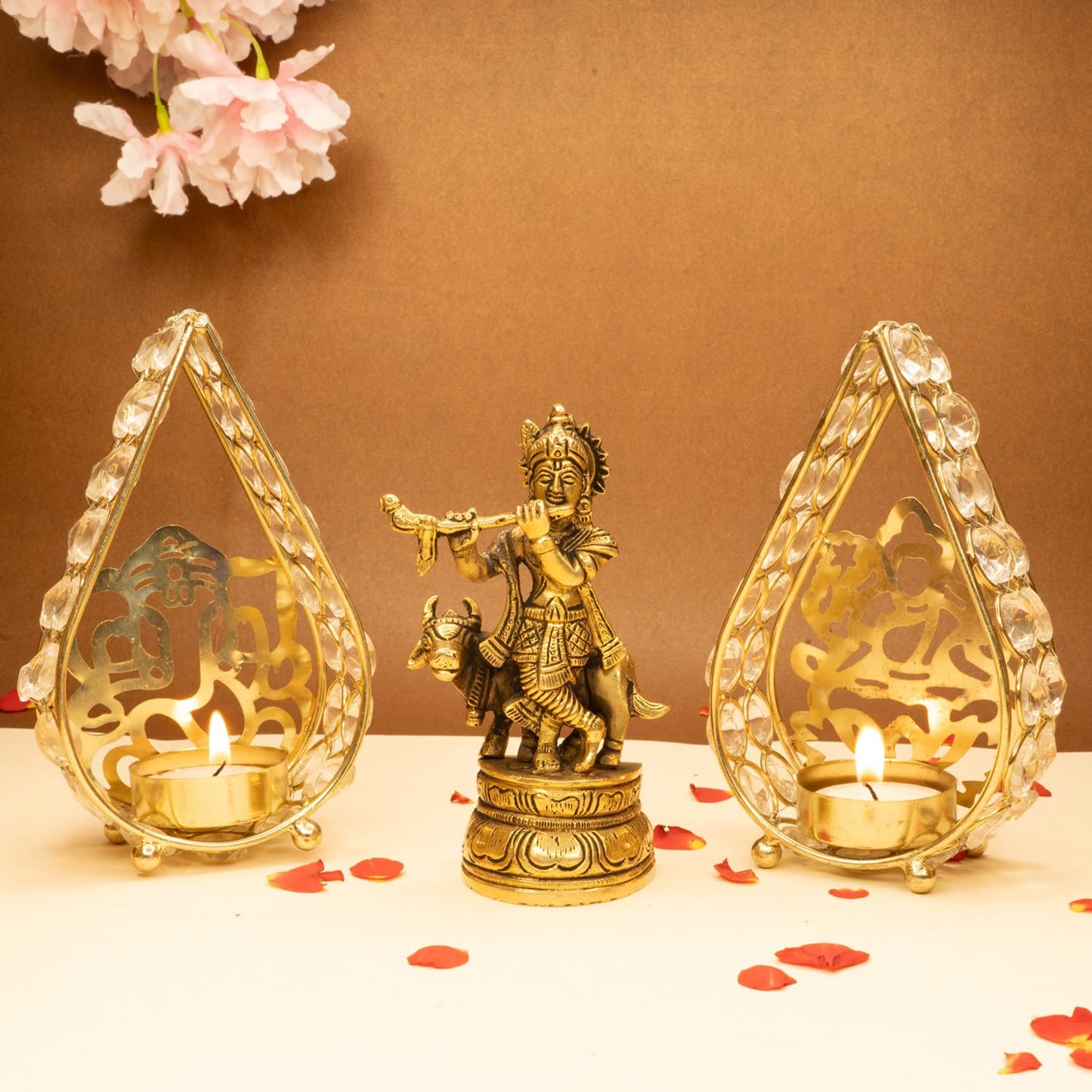 Combo: 100% Pure Brass Lord Krishna Idol with Flute & Tealight Holder | Home Decor, Office Desk | Size: 6.5" | Gold