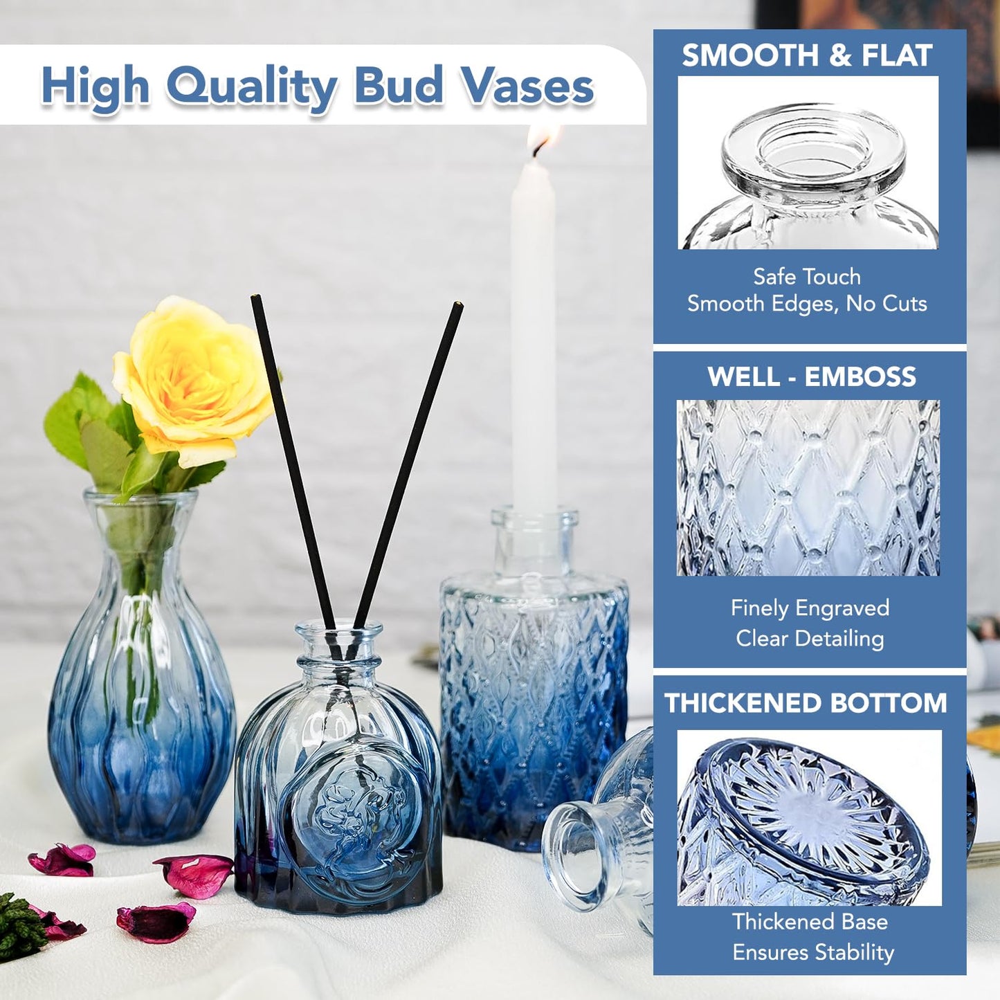 Ekhasa 100% Crystal Blue Glass Bud Vases Flower Pots for Home Decoration (Set of 5) | Center Table Mini Decorative Items | Transparent Glass Vase for Water Plants | Glass Planters for Indoor Plants