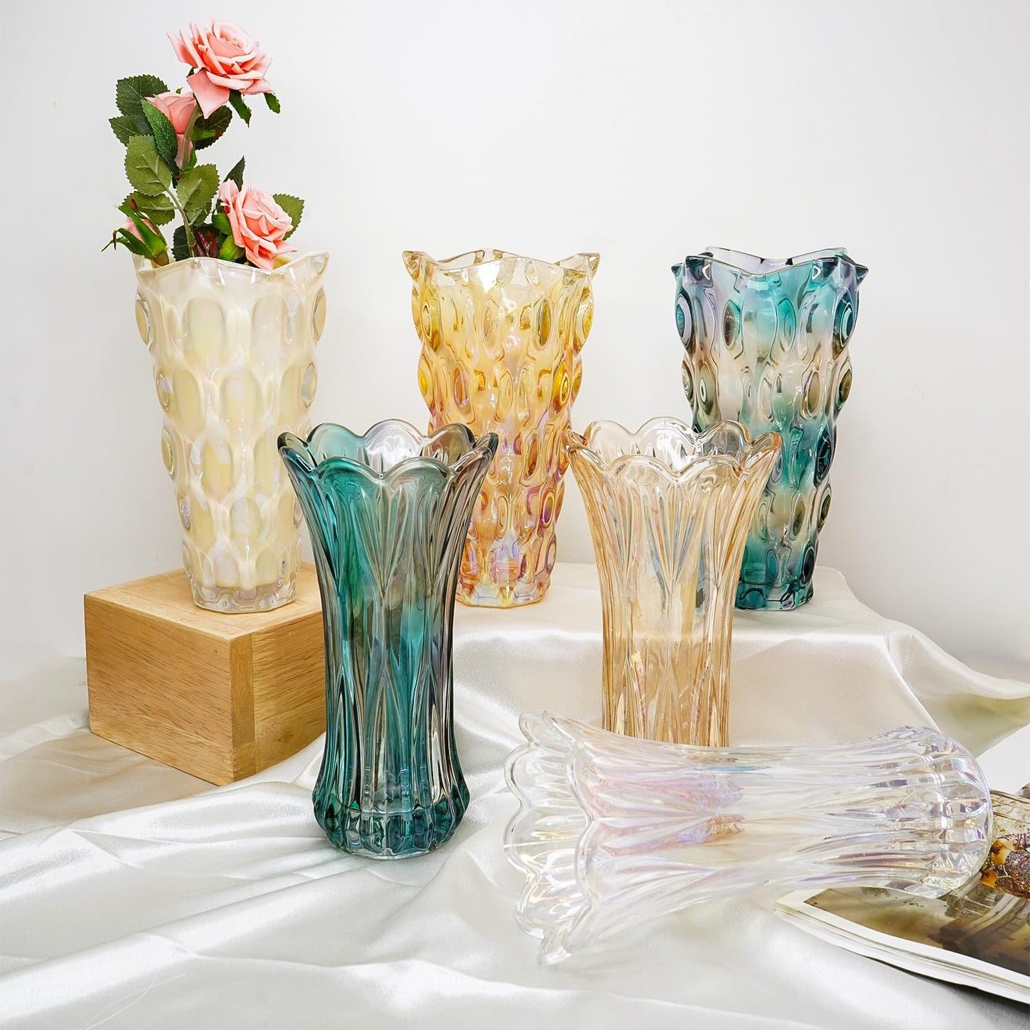 Crystal Glass Vase - Textured Design, Thickened for Stability | Perfect for Home & Office Decor | Multicolor