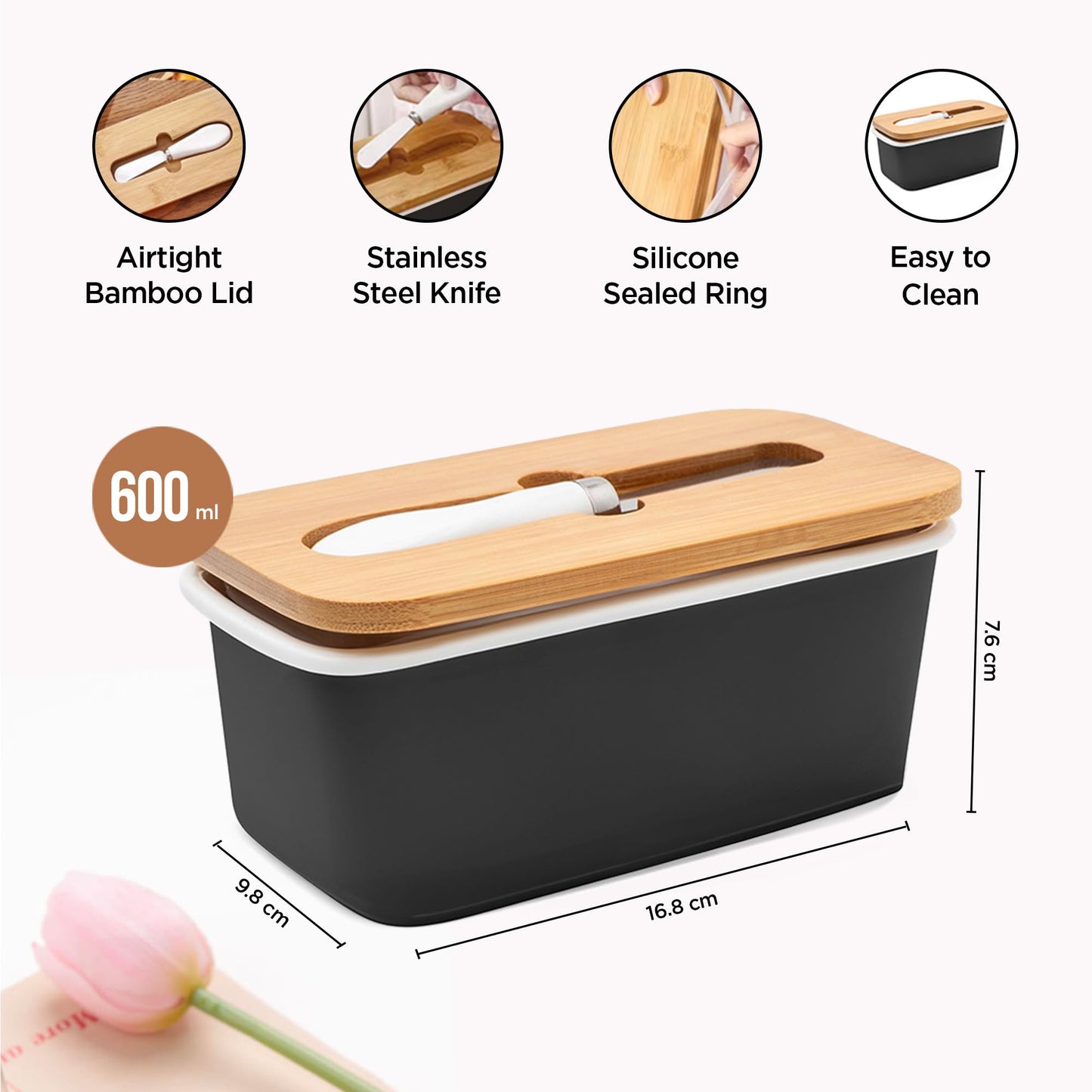 UMAI Ceramic Butter Dish with Wooden Lid & Stainless Steel Knife | Fridge Storage Boxes | Fridge Organiser | Airtight Seal | Black Kitchen Container Set | Kitchen Items | Knife for Kitchen |