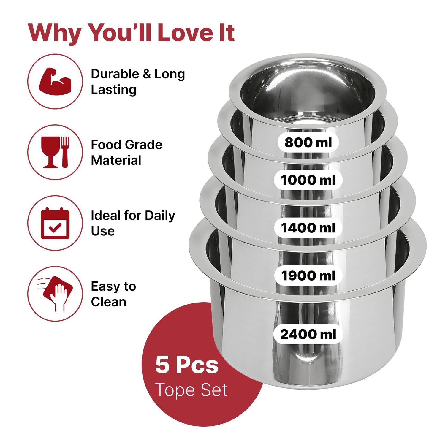 5 Pcs: Stainless Steel Tope Set Without Lid | Gas & Induction Cookware | 800ml to 2.4L | Silver