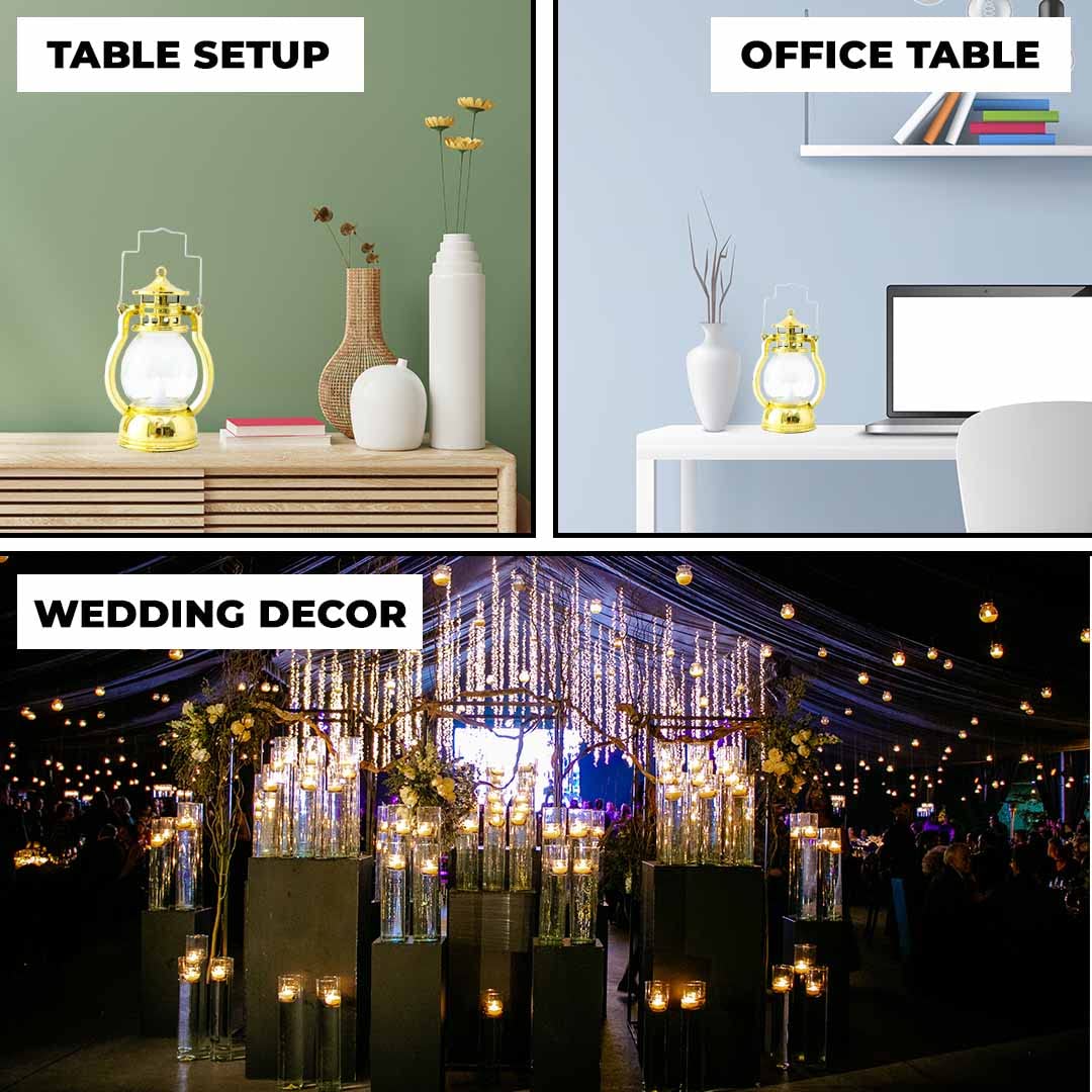 Kuber LED Lantern Lamp|Battey Operated|Flameless Yellow Light| Diwali Lights for Home Decoration,Along with Other Festivities & Parties|Black Hanging Lantern| Gold