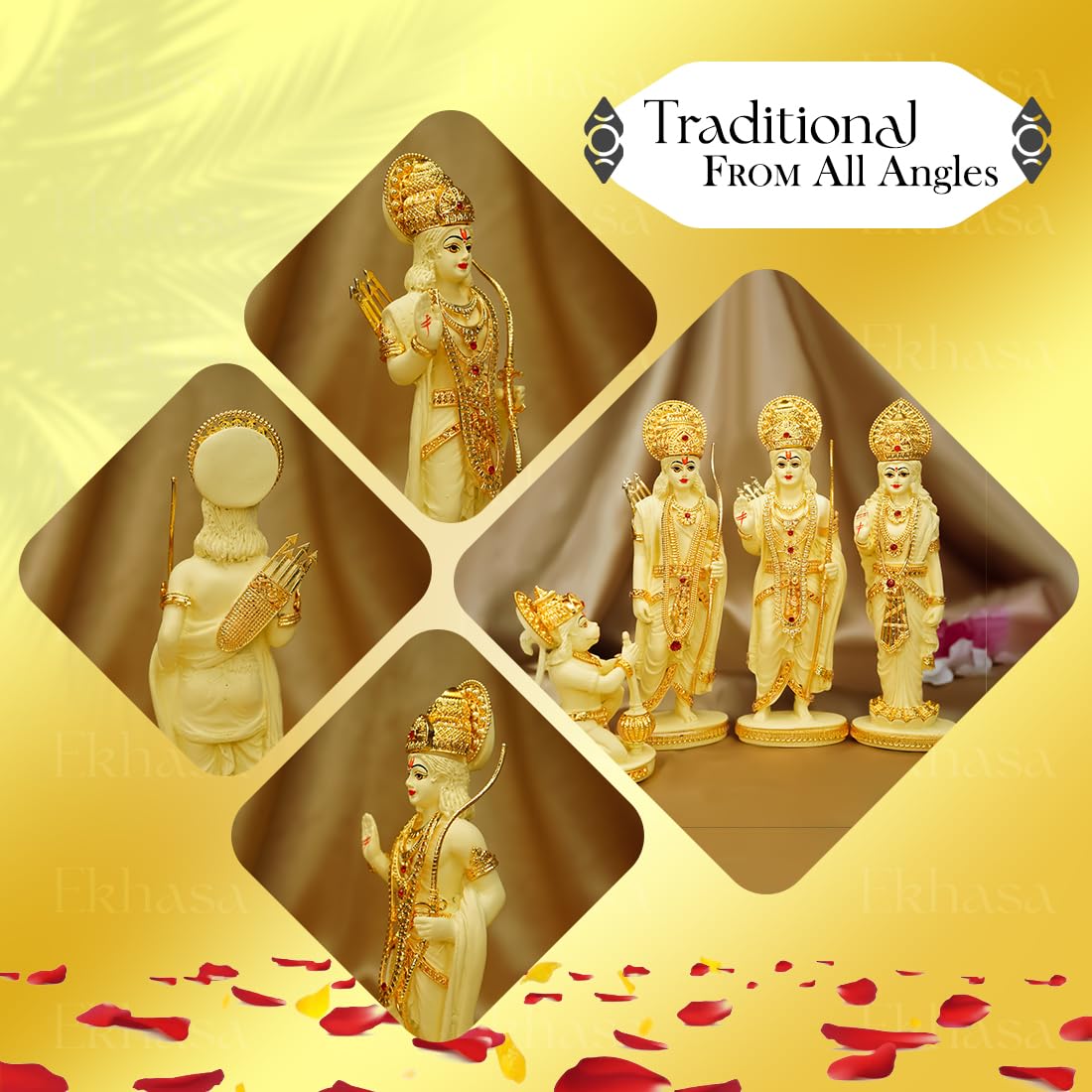 Ram Darbar Idol - 100% Pure Resin Hanuman, Ram, Sita & Laxman Statue | Traditional Home Decor | 18 cm | Gold