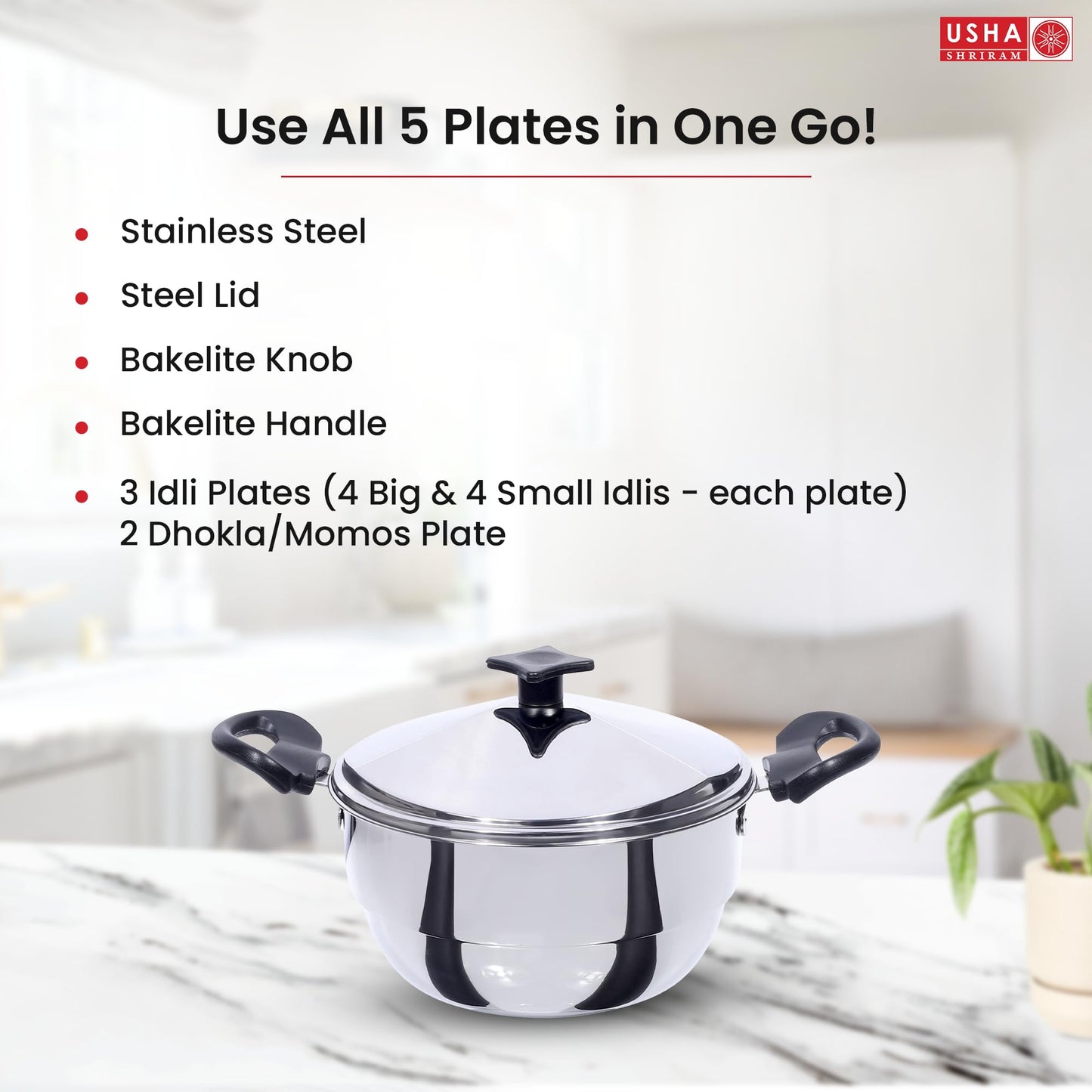 USHA SHRIRAM Stainless Steel Idli Cooker Kadai (5 Plate) | 3 Idli Plates (12 Big, 12 Button Idlis), 2 Momo/Idiyappam Plates | Idly Maker Momo Steamer | Multi Kadai for Idli, Dhokla,Mini Idlies, Modaks