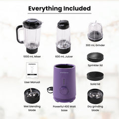 The Better Home FUMATO Mixer Grinder Blender- 400W | Mixie for Kitchen with 3 Jars, Stainless Steel Blades, 3 Speed Control, Anti-Skid Feet | Nutri Blender Juicer with 1 Year Warranty (Purple)