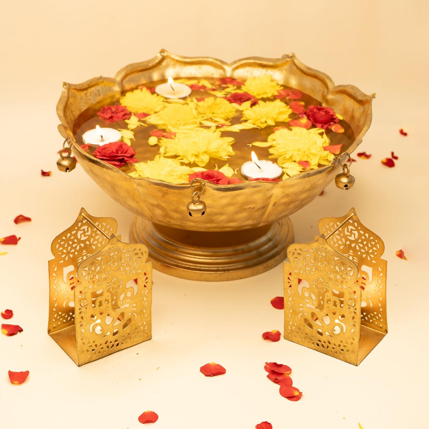 Ekhasa Urli Bowl for Home Decor & Table Decoration | Floating Flowers, Tealight Candles Water Bowl for Diwali Pooja & Festivals | Gift for House Warming Ceremony (Tealight, Urli Combo)