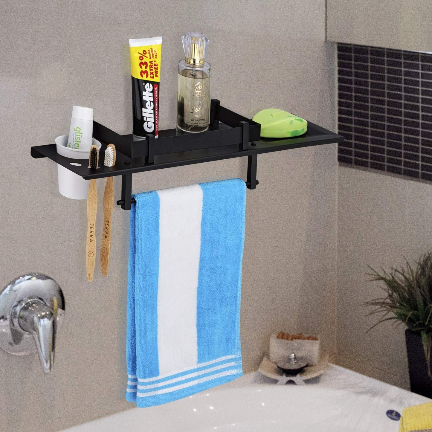 Plantex Stainless Steel 4in1 Multipurpose Bathroom Shelf/Rack/Towel Hanger/Tumbler Holder/Soap Dish/Holder/Stand-Bathroom Accessories (18 X 5 Inches-Matt Black)