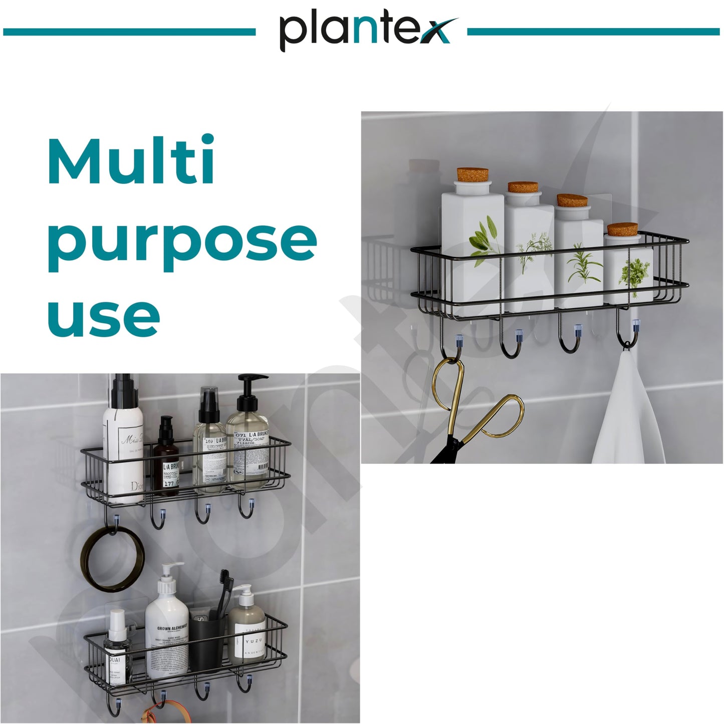 Plantex Self Adhesive Bathroom Shelf | Adhesive Shelf for Kitchen - with Hooks & Magic Sticker | Bathroom Organizer - GI Steel (Pack of 2)