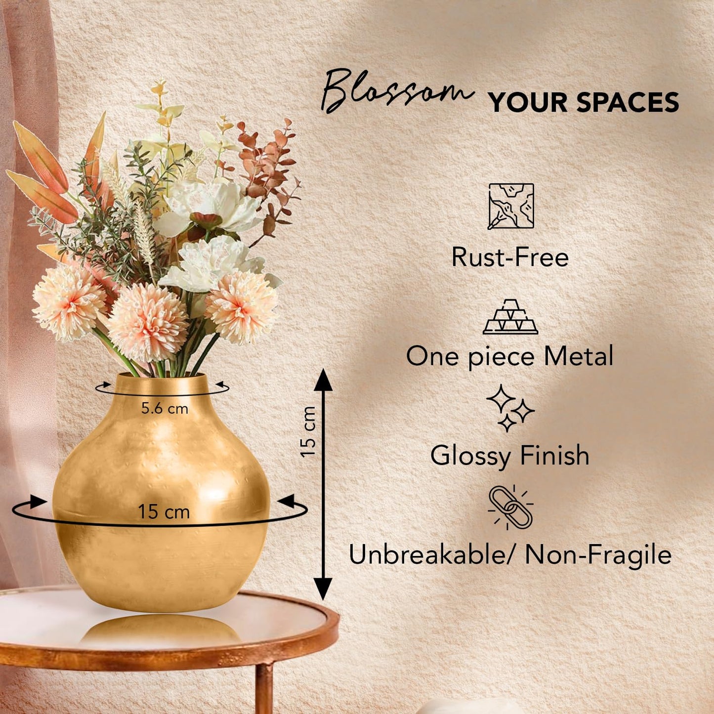 Ekhasa Unbreakable Metallic Gold Flower Vase for Home Decor | Aesthetic Flower Vase Gift for Weddings, Housewarmings, Parties & Gatherings | Decorative Metal Vase for Living Room, Dining Table, Office