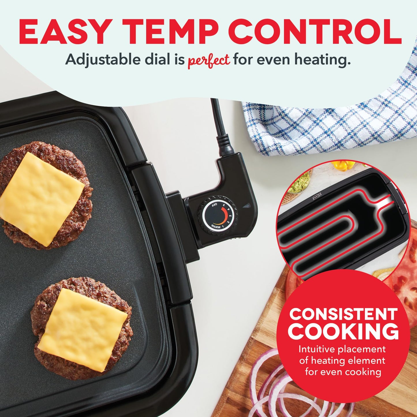 Dash Non-Stick Electric Pan (Red) with Temp Control | No. 1 in the US | Can be used as Dosa Tawa, Grill Pan, Uttapam/Pancake Pan|Inc Drip Tray & Recipe Book | with 1 Yr Warranty | 20x10.5"