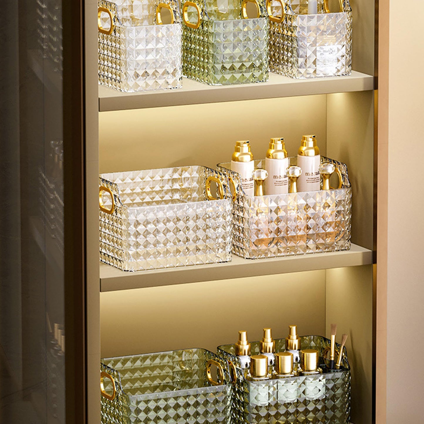 Makeup Desk Organizer - Diamond Cut Glass Finish | Large Capacity | Skin Care Products Holder | Transparent